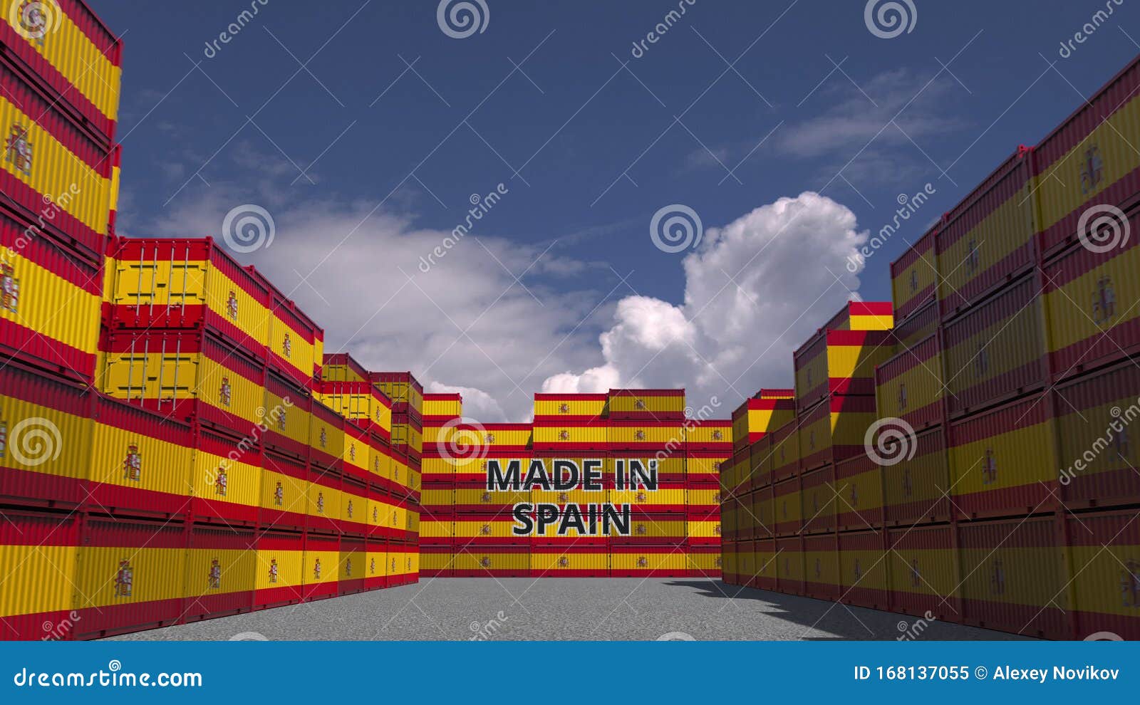 Containers with MADE in SPAIN Text and National Flags. Spanish Import