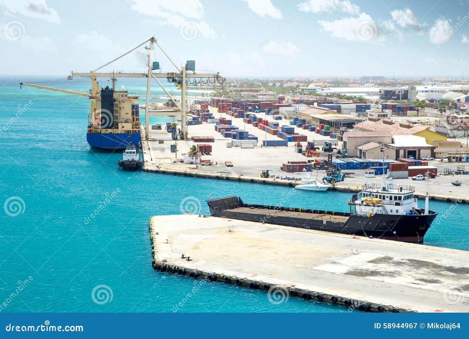 Cargo Harbor In City. Loading Port. Cargo Terminal. Industrial Cranes