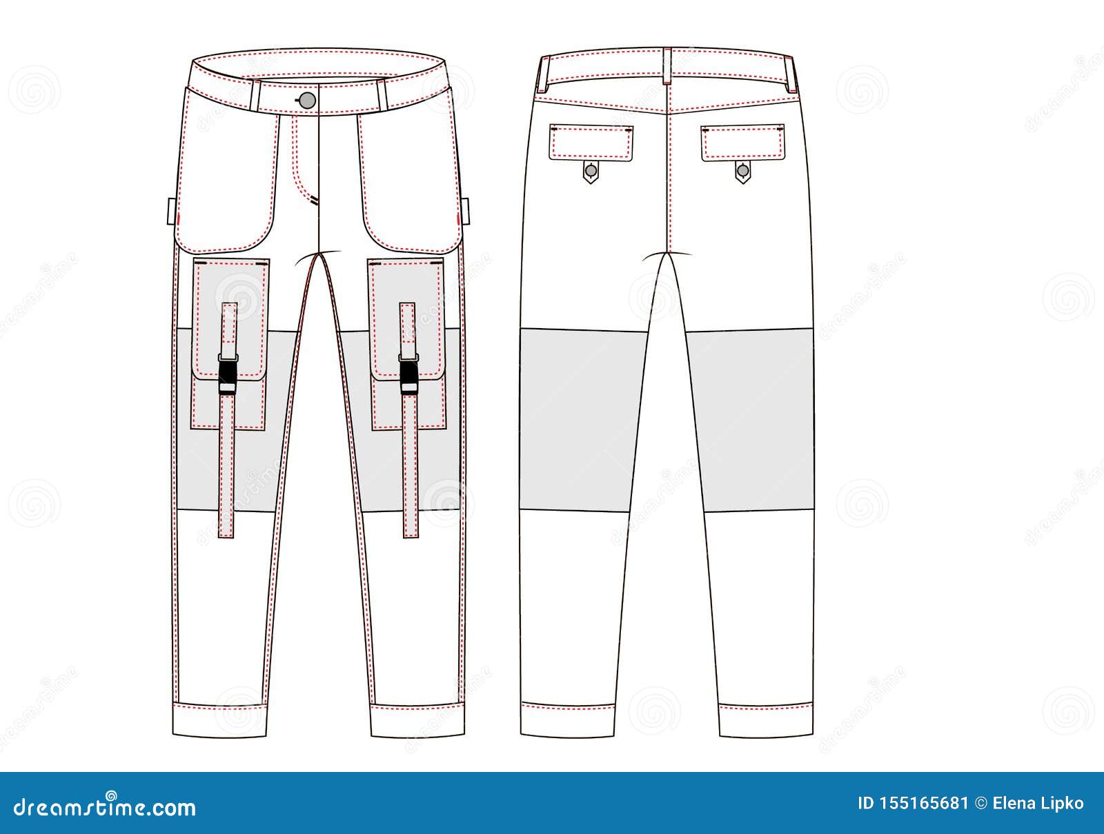 Cargo Pants with Large Side Pockets Technical Sketch. Front and Back ...