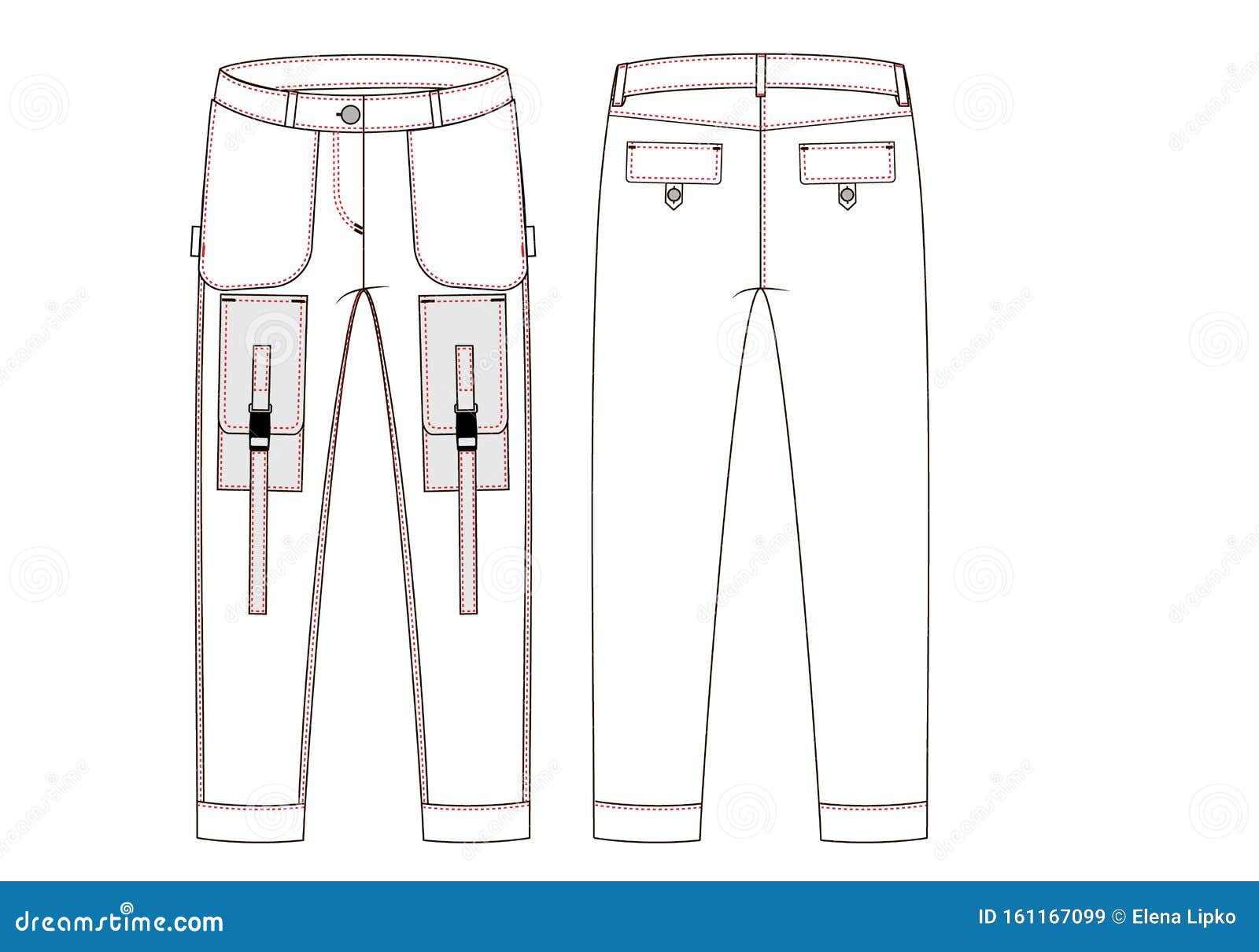 Cargo Pants with Large Side Pockets Technical Sketch. Front and Back