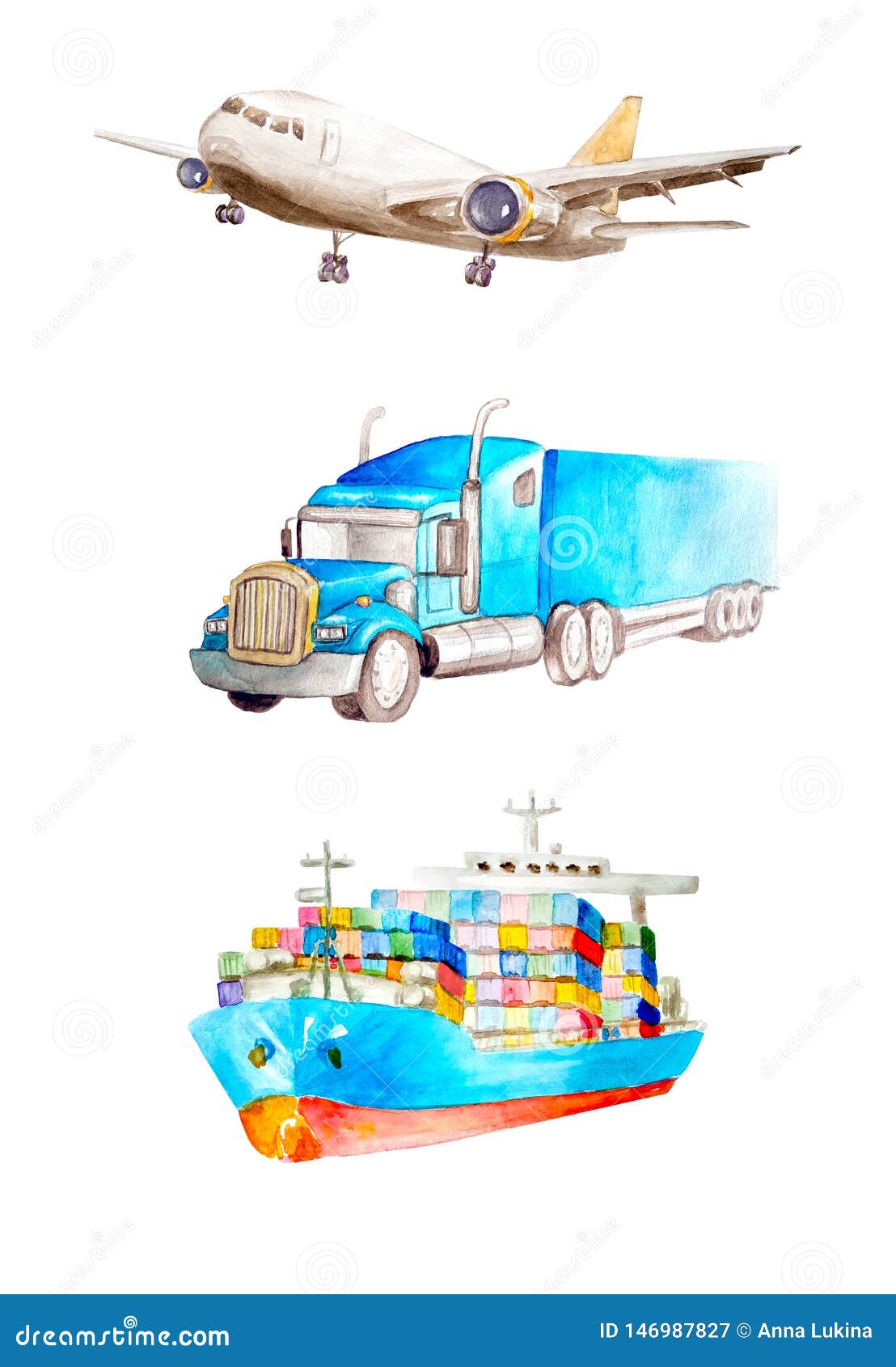 cargo plane, american heavy truck tractor, container truck. watercolor set of cargo transport on a white background .  for