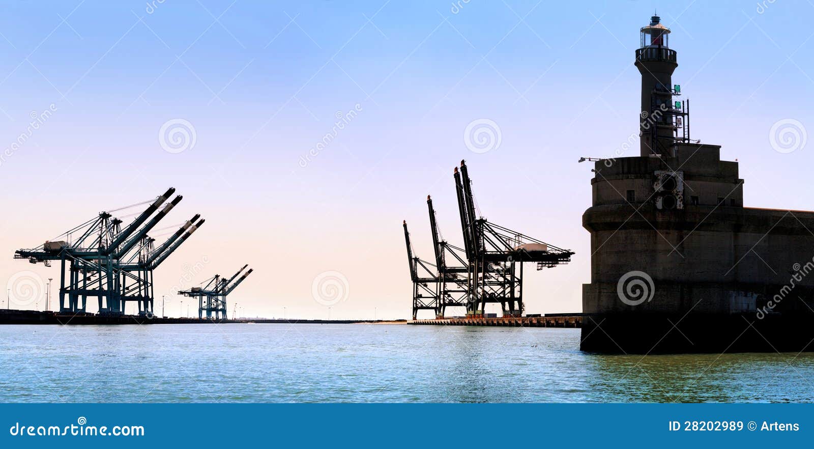 Cargo Sea Port. Old Lighthouse. Sea Cargo Cranes Stock Image Image of port, export 28202989