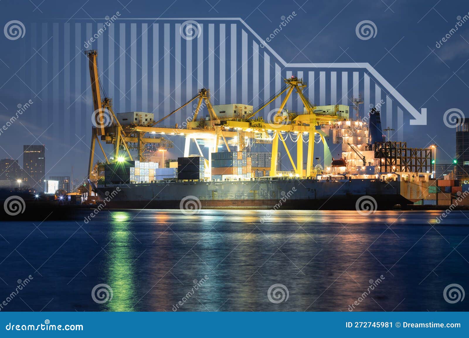cargo ship, cargo container and crane at port. concept of decrease, business
