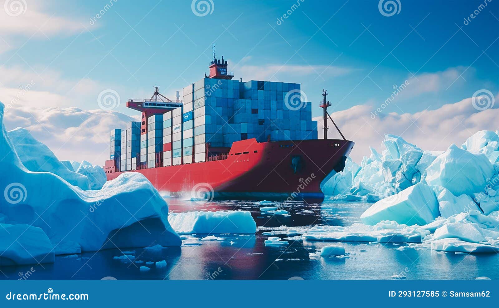 Cargo Ship with Full of Containers Sailing Pass an Iceberg, Generative