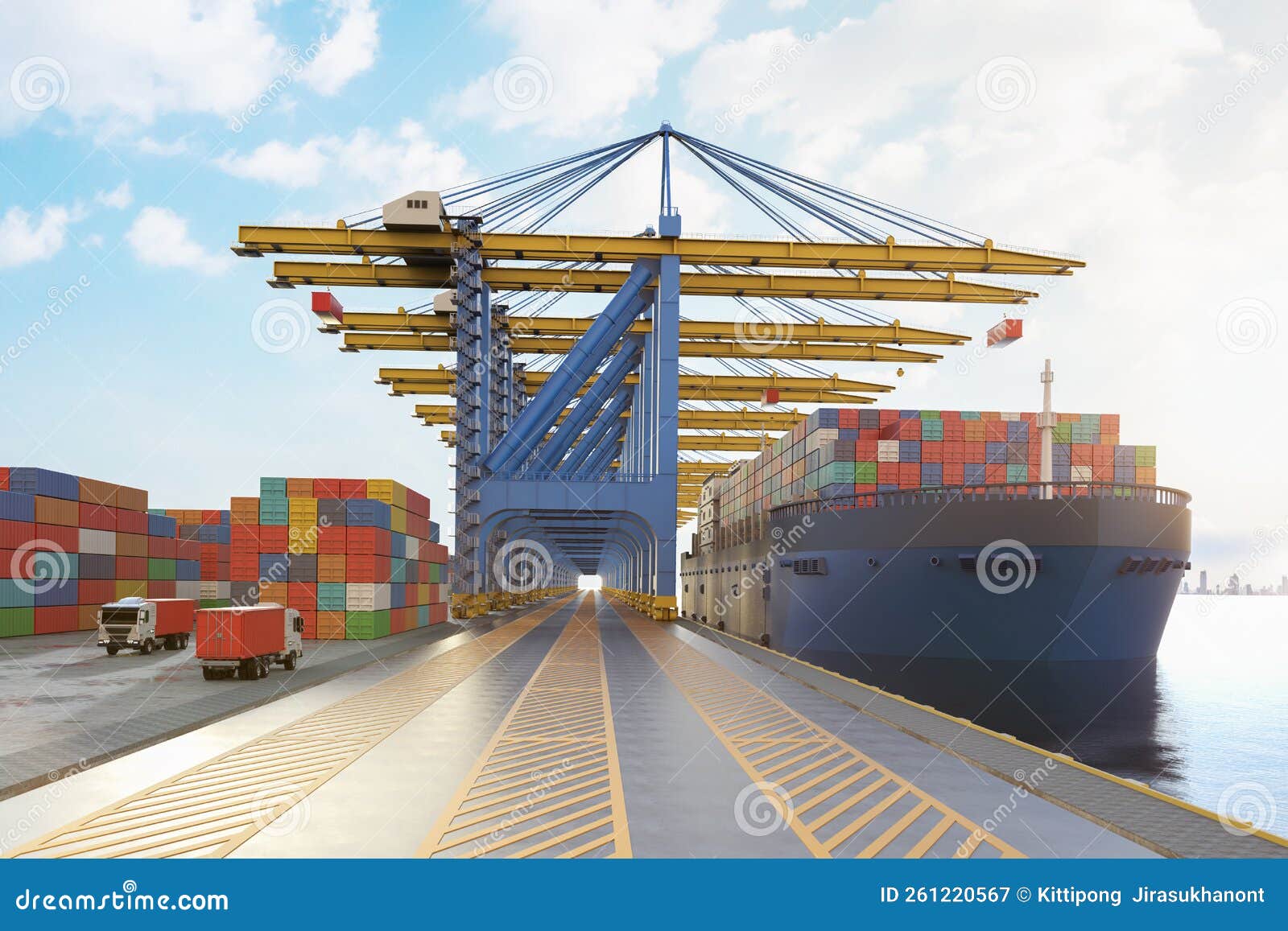 Cargo Ship or Vessel with Containers at Terminal Port Stock