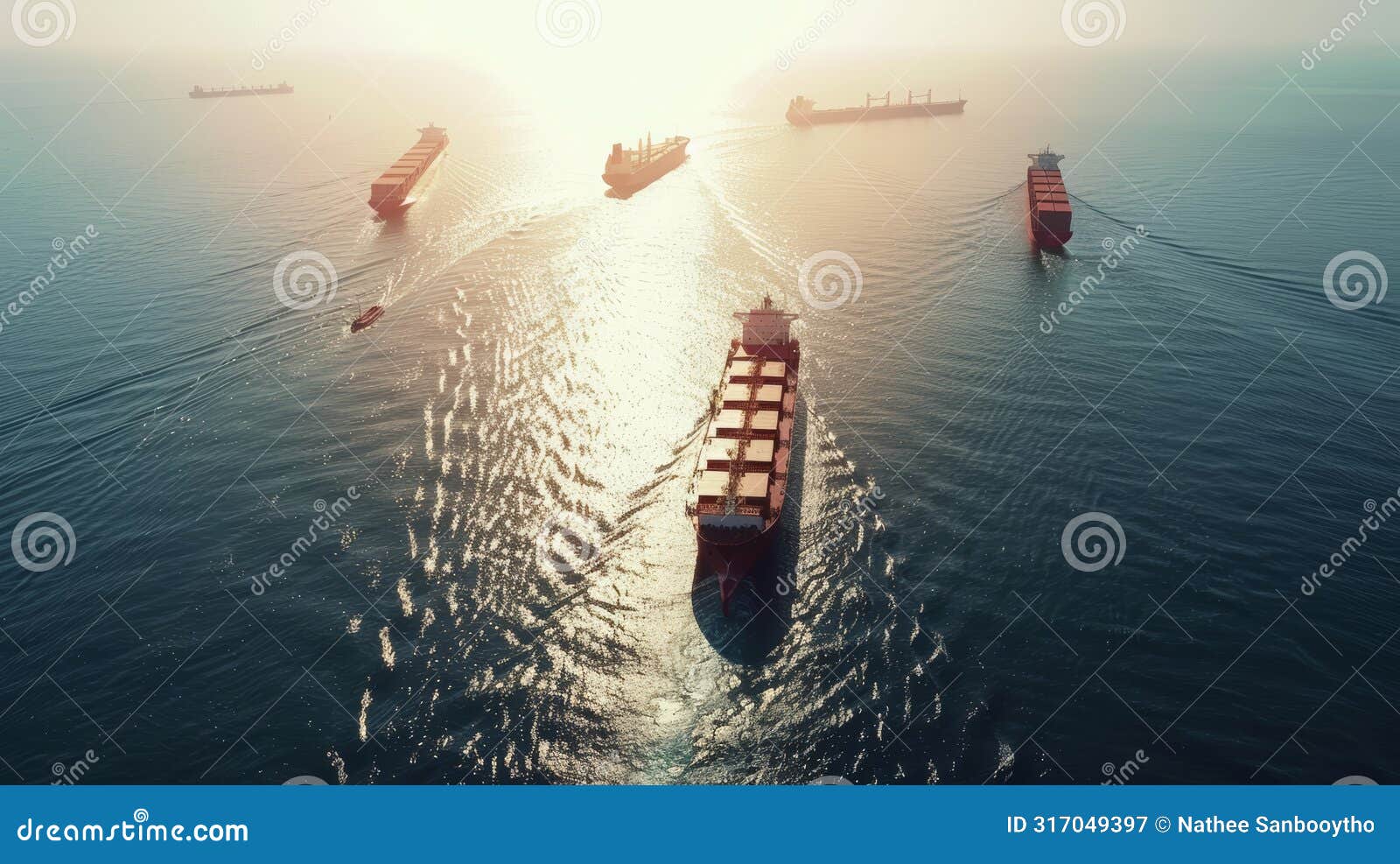 cargo ships converging in sunlit ocean pathways