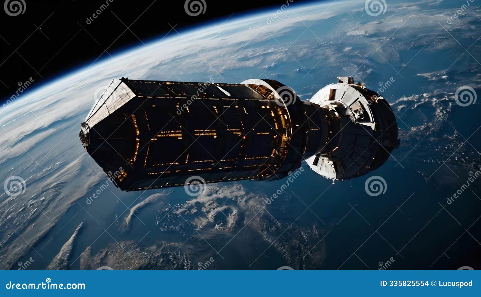 cargo spacecraft orbiting earth in the darkness of space