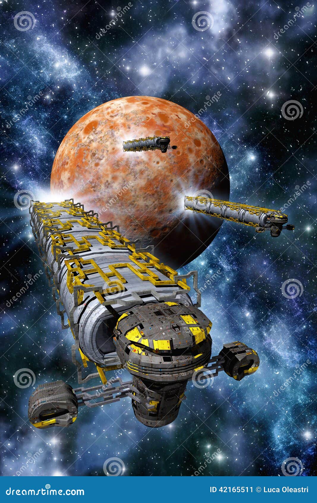 cargo spaceships with planet and nebula