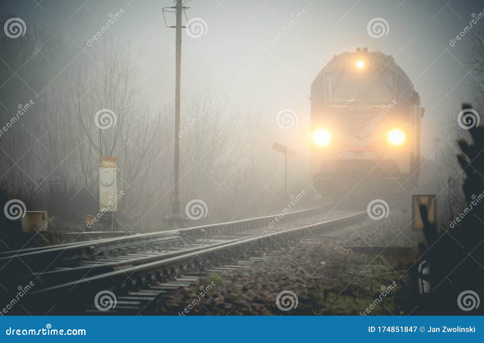cargo train emerging from the mist