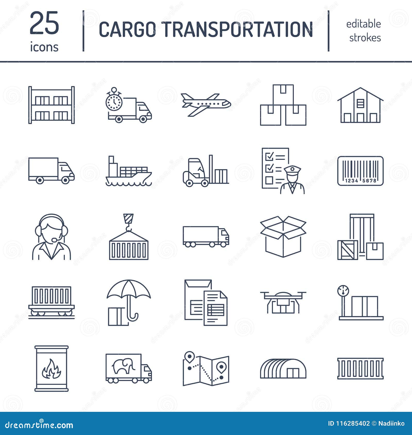 cargo transportation flat line icons. trucking, express delivery, logistics, shipping, customs clearance, cargoes