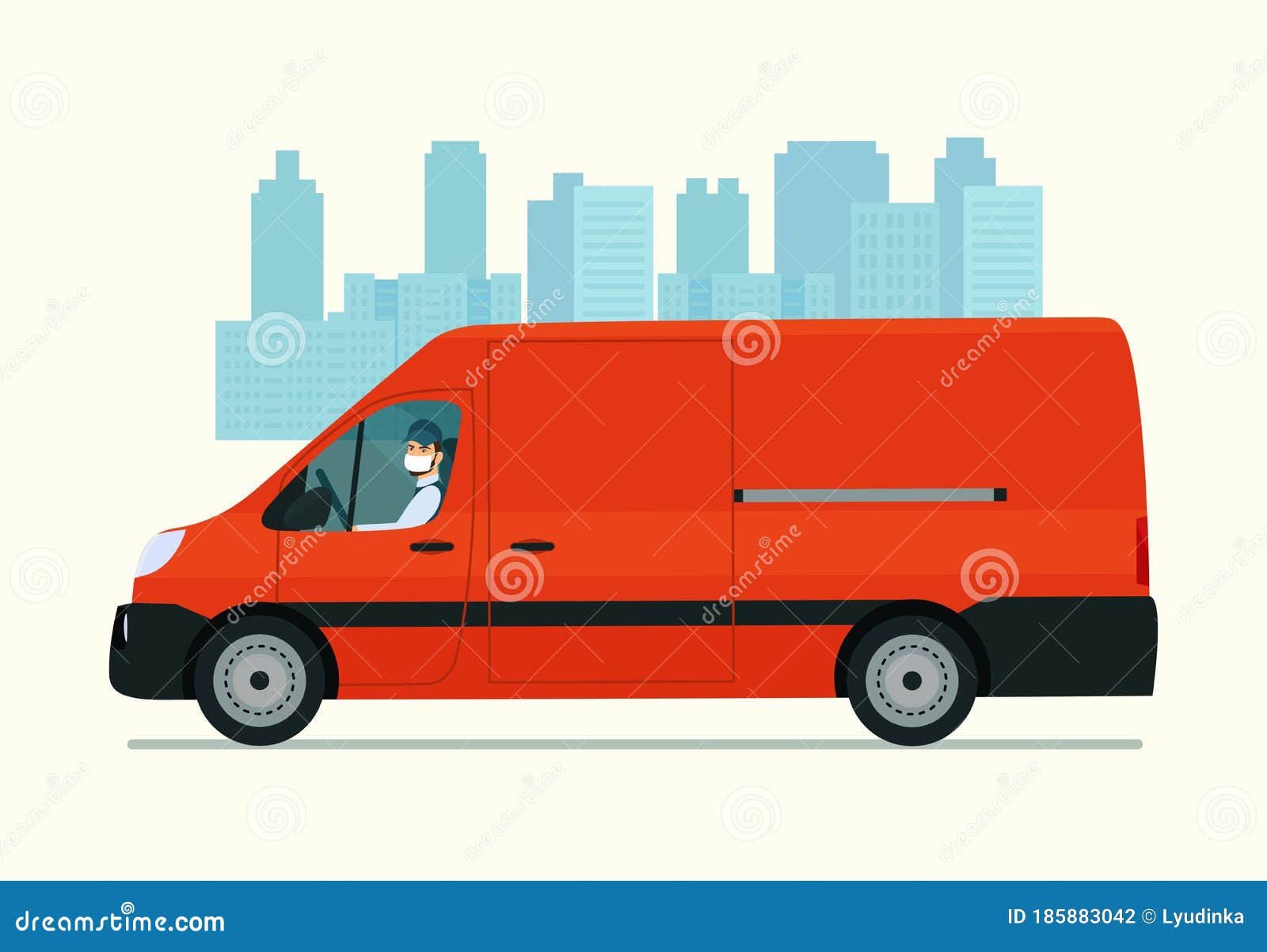 Cargo Van with a Driver in a Medical Mask Against the Background of an