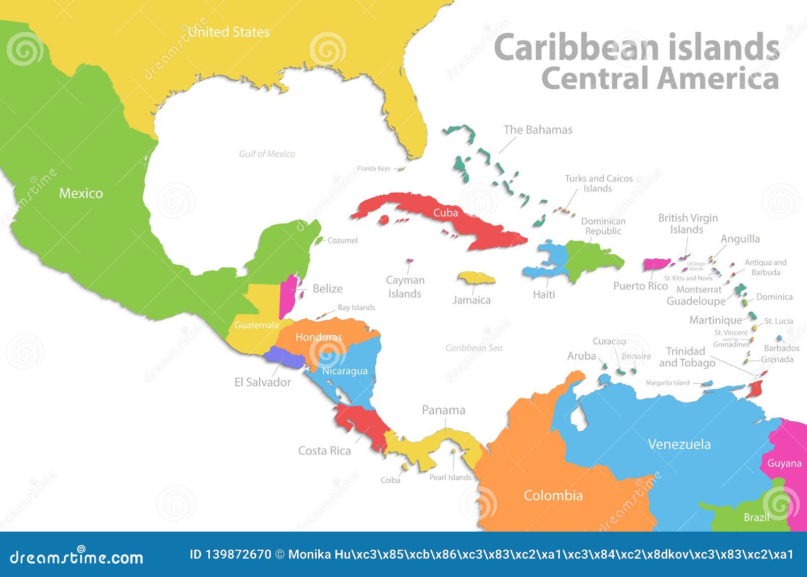 caribbean islands central america map, new political detailed map, separate individual states, with state names,  on white