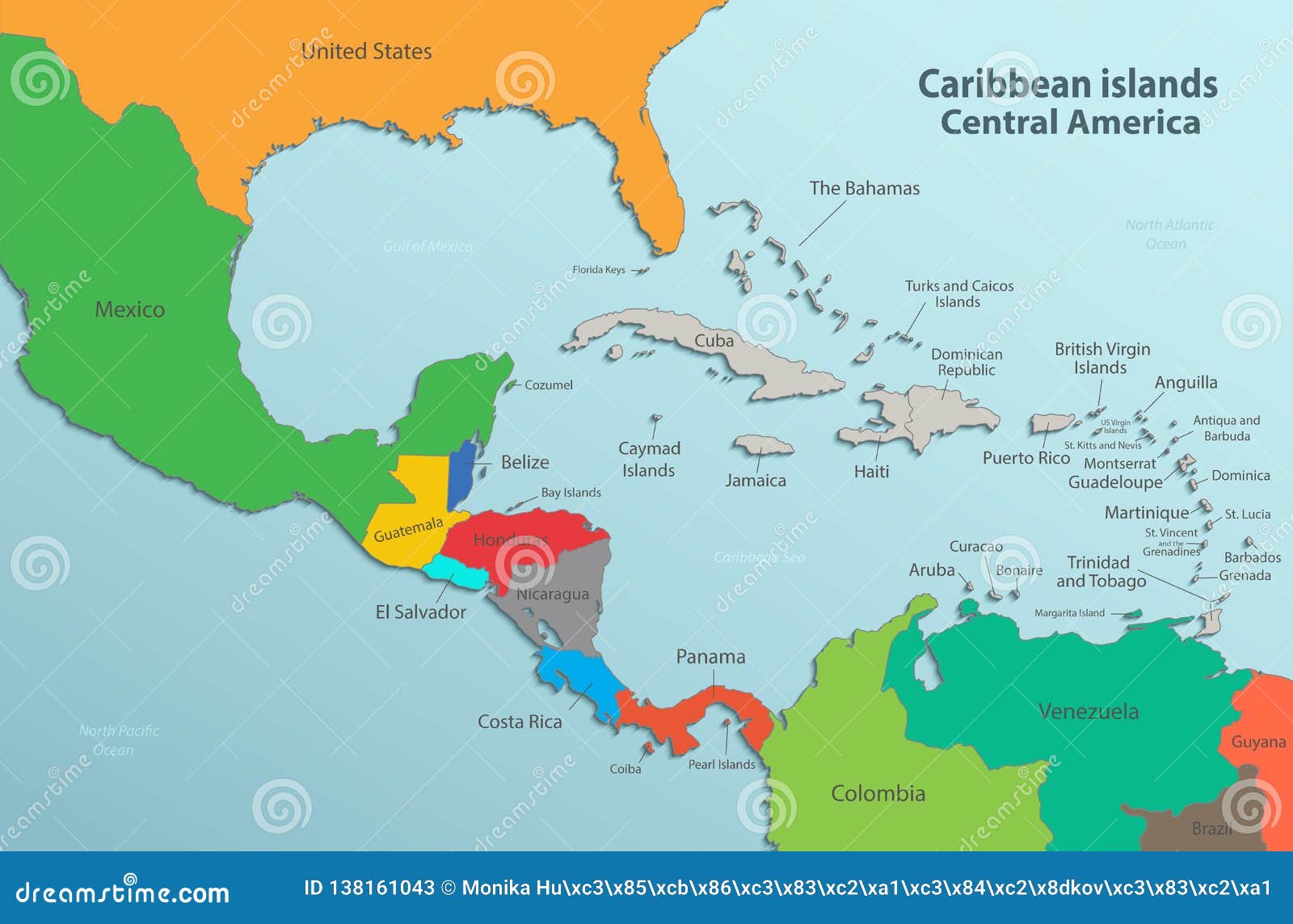 caribbean islands central america map state names card colors 3d