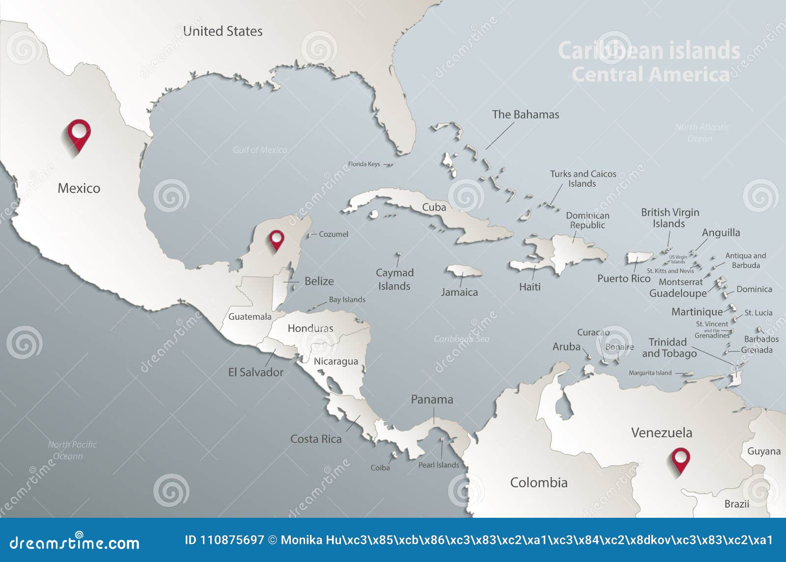 caribbean islands central america map card blue white 3d