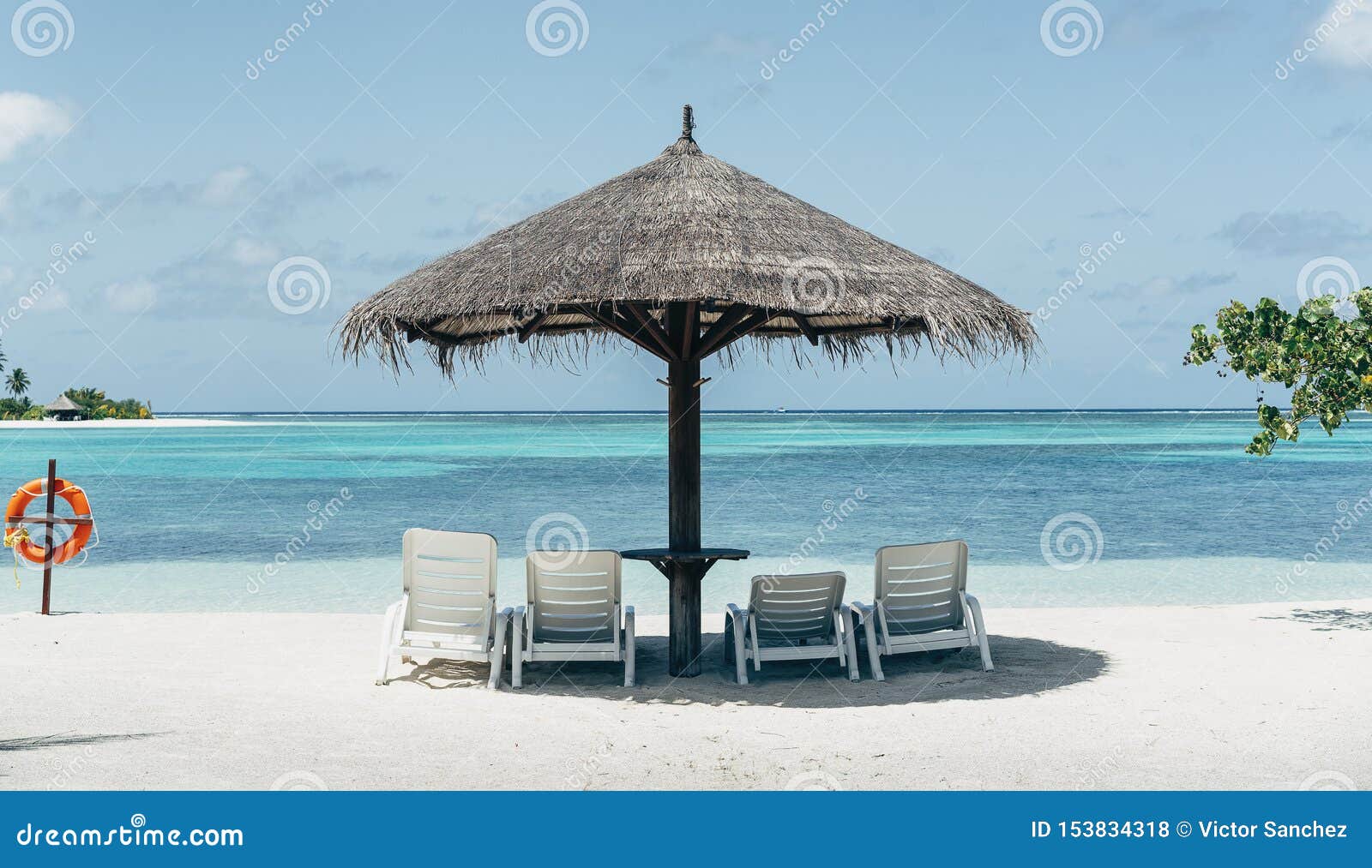 Caribbean Paradise Beach with Umbrella and Hammocks Stock Photo Image