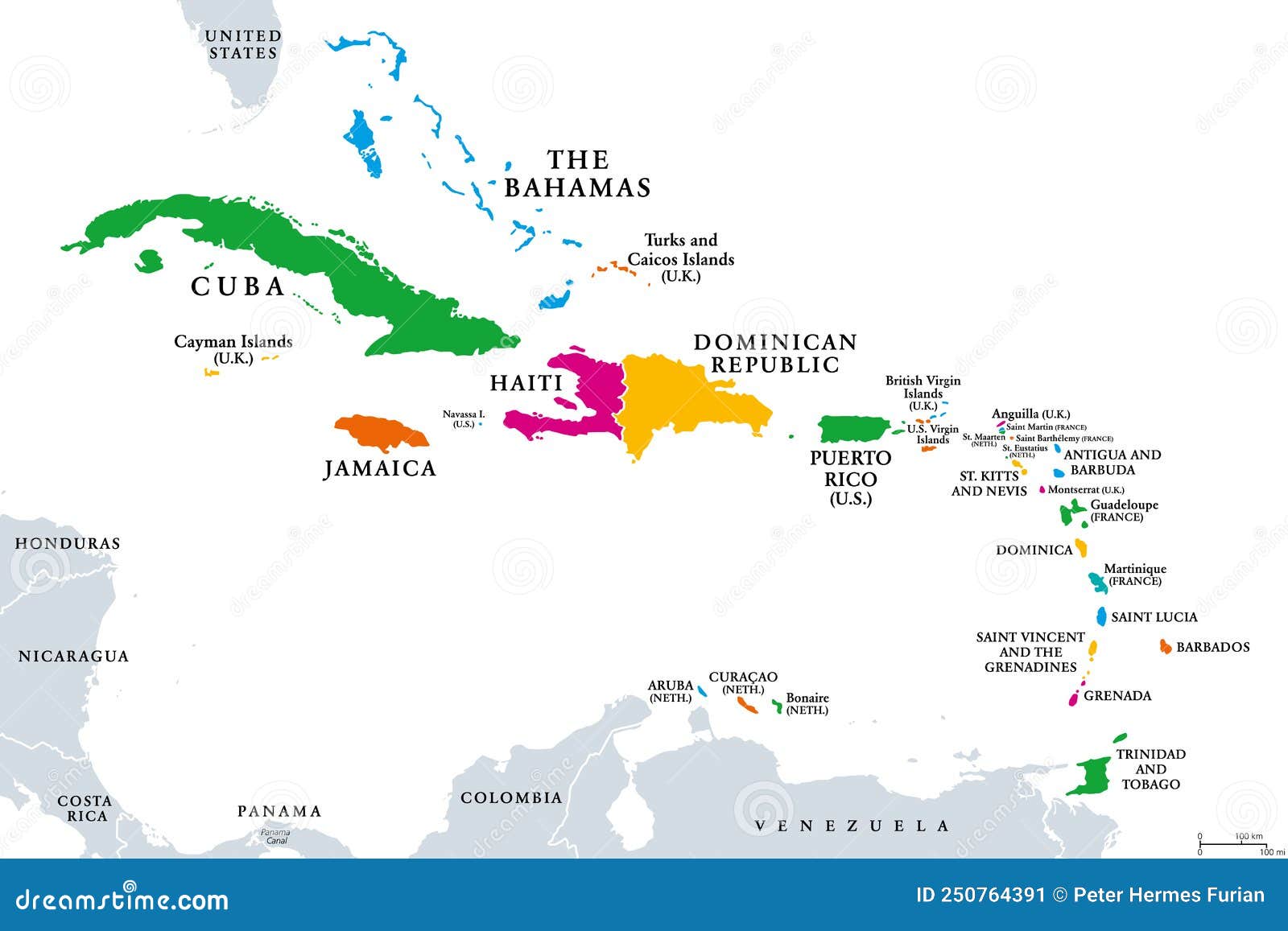 Caribbean Subregion Colored Political Map 250764391 