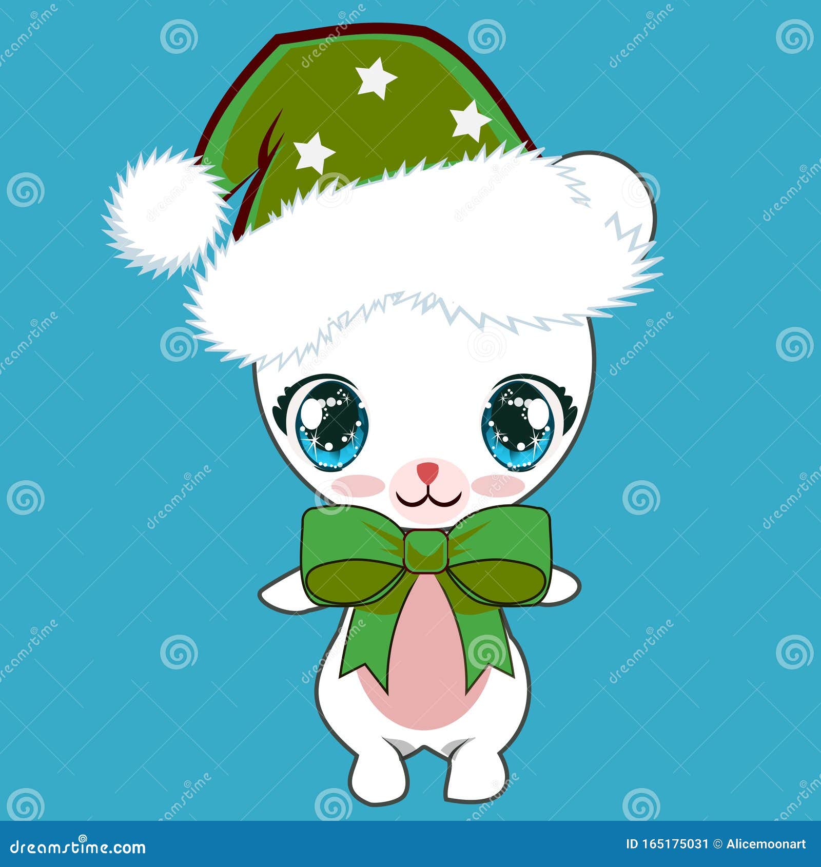 Caricatura Cute El Oso Polar Bebé Con Un Sombrero Verde Santa Con Estrellas  Blancas Y Arco Verde, Sonriente Con Boca Cerrada, Est Stock de ilustración  - Ilustración de bozal, azul: 165175031