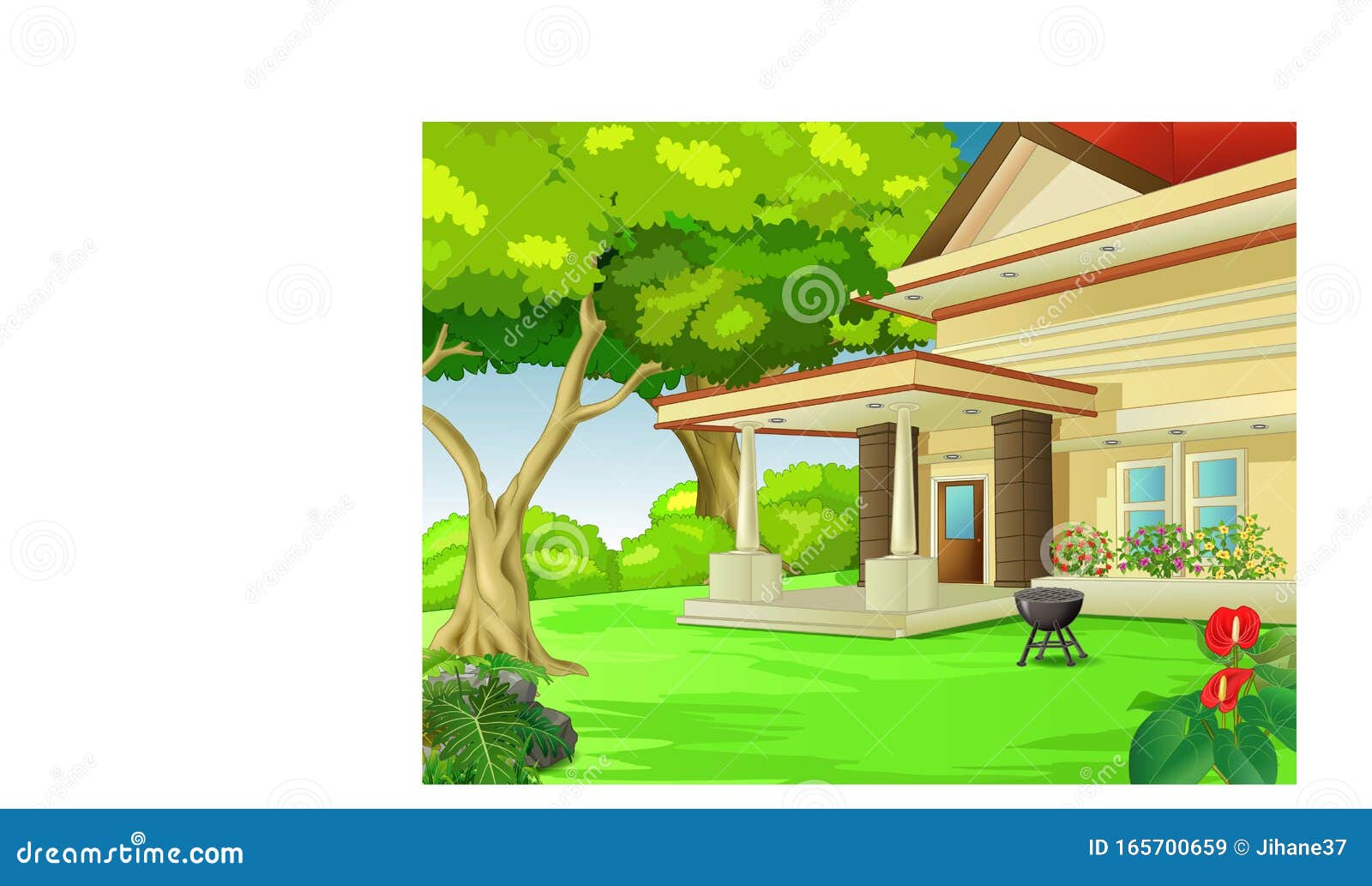 Caricatura De Casa Con Jardines Y Árboles Stock de ilustración -  Ilustración de verde, gradiente: 165700659