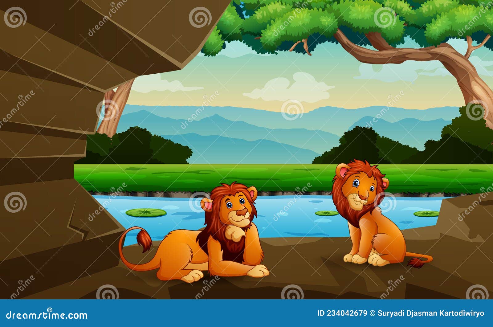 Caricatura De Dos Leones Relajándose En Una Cueva Ilustración del Vector -  Ilustración de paisaje, aventura: 234042679