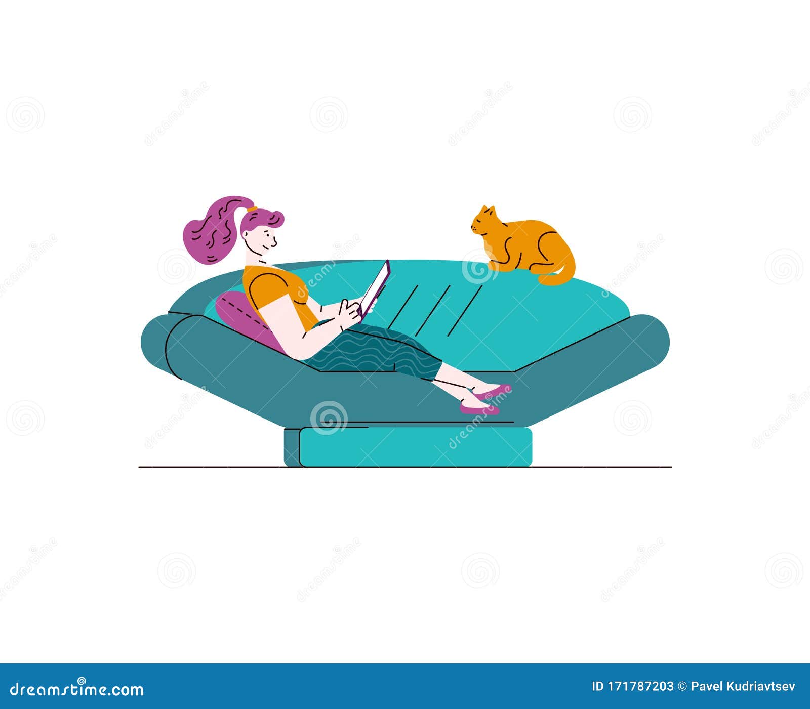 Um desenho animado de uma garota sentada em um sofá com um gato