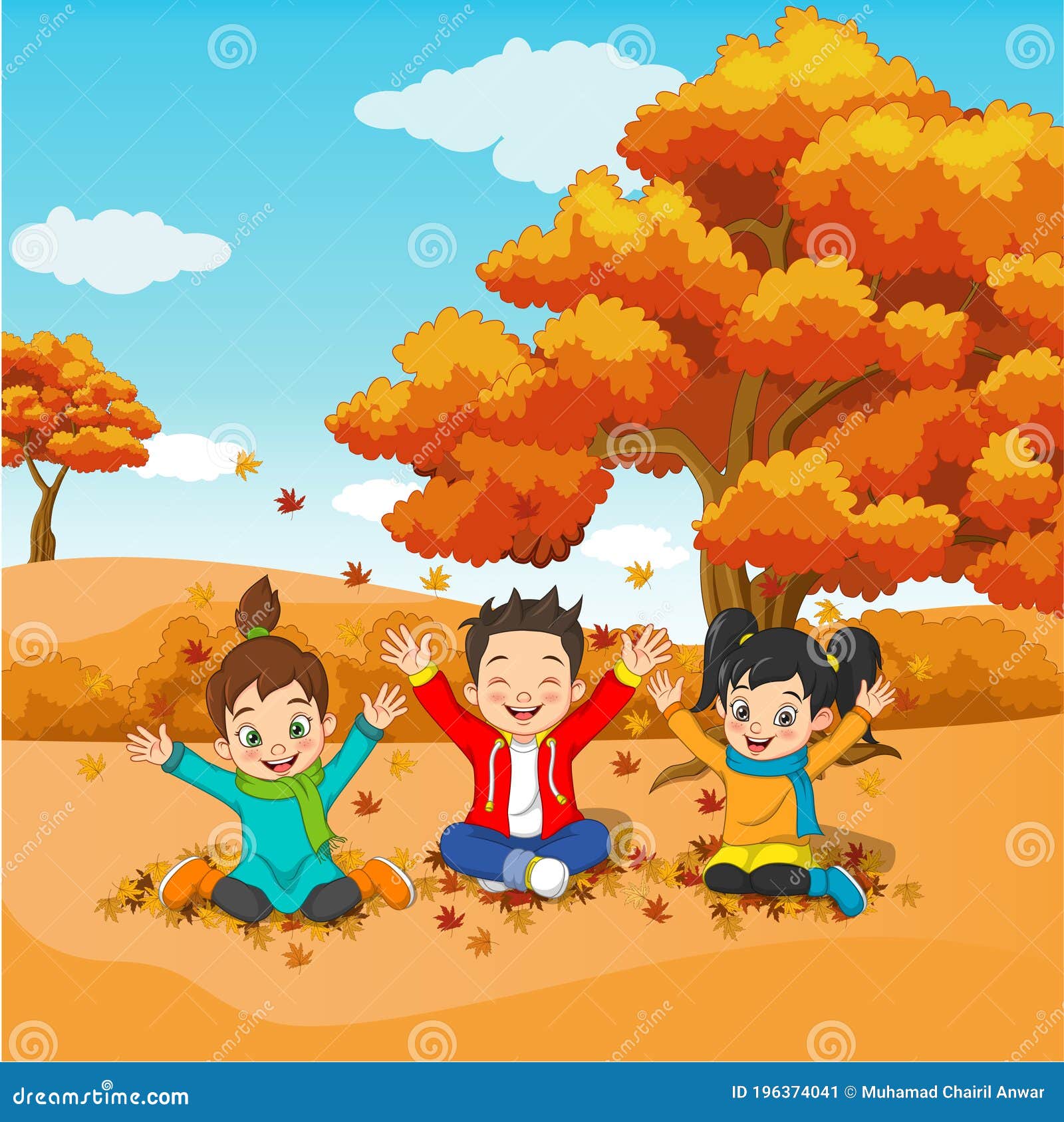 Caricatura Niños Felices Jugando En Otoño Ilustración del Vector -  Ilustración de amistad, gente: 196374041
