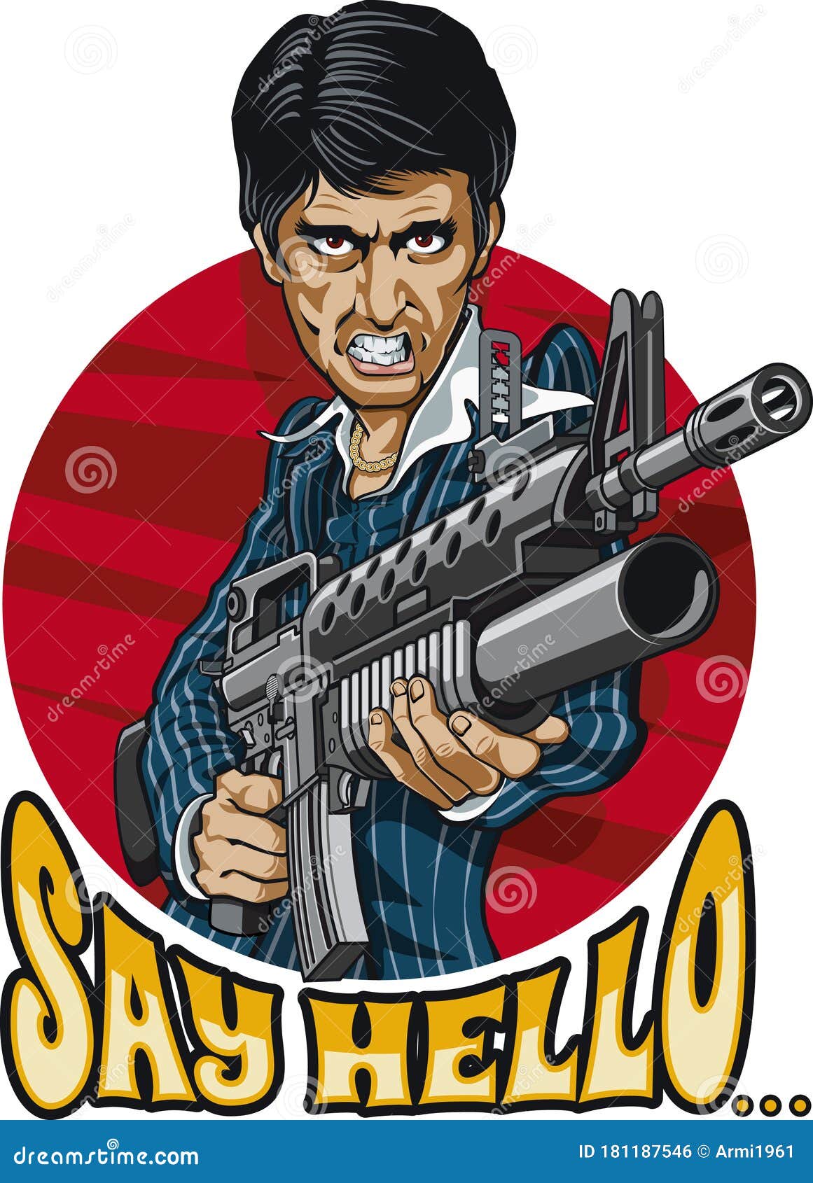 caricature drawing of gangster holding m16 with grenadelauncher