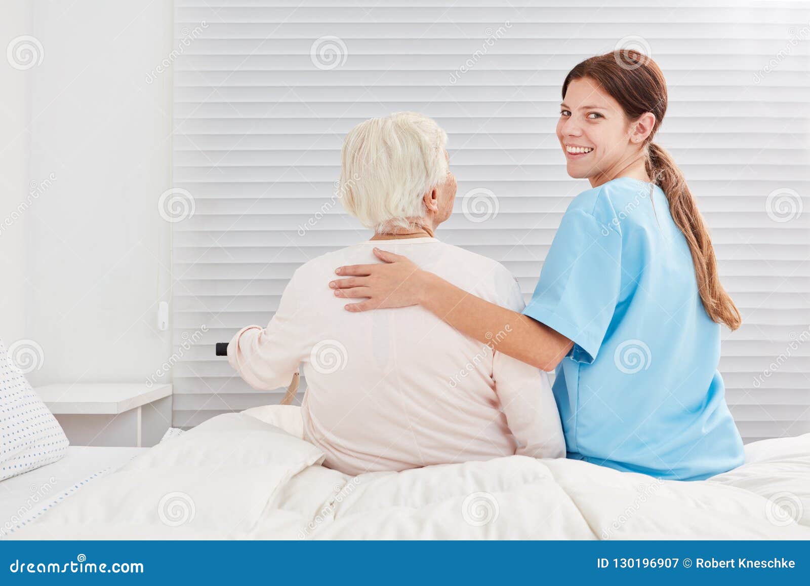 Caring Care Help Helps Senior Citizen Out of Bed Stock Image Image of