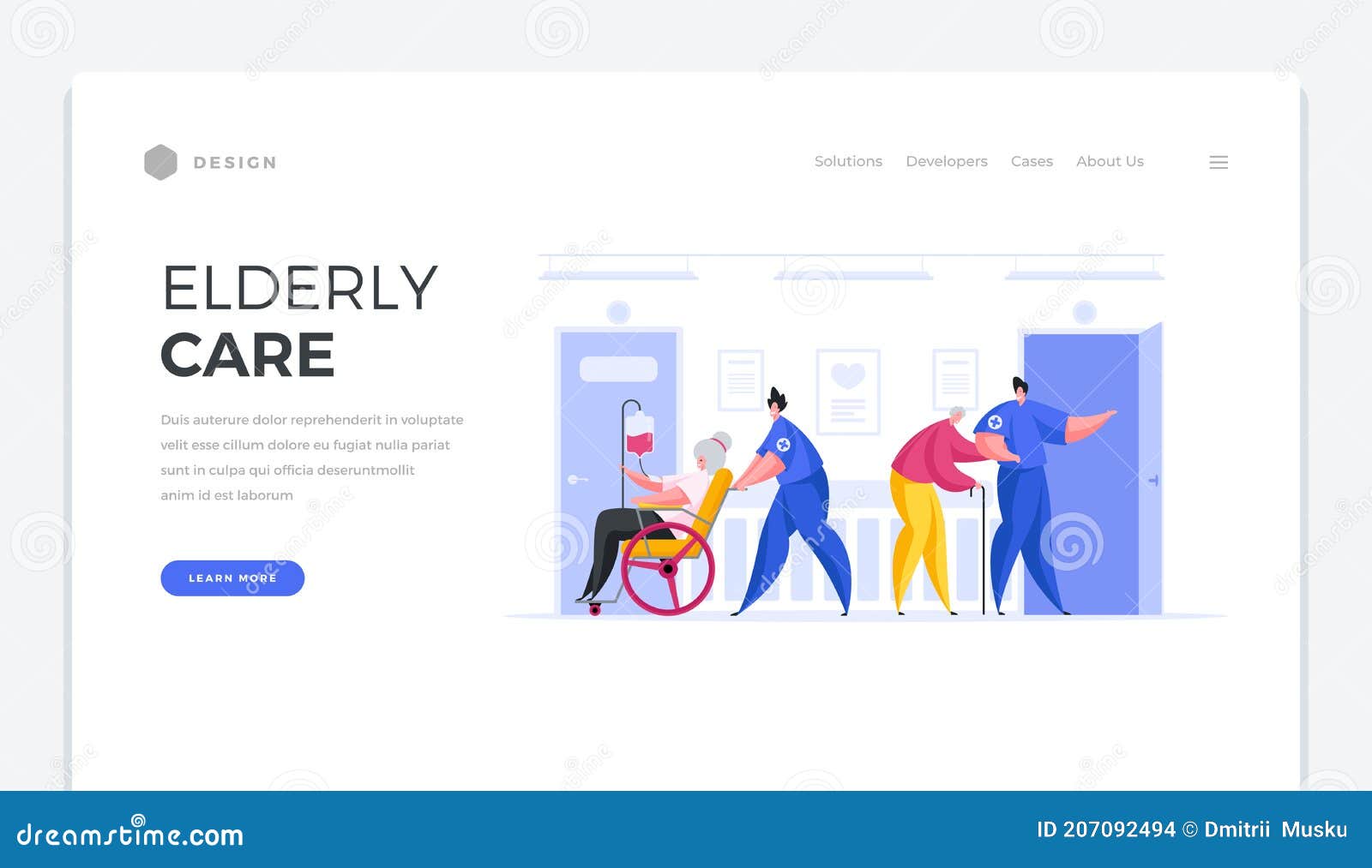 caring for elderly landing page template. male characters nurses in specialized asscostumes help old people get around.