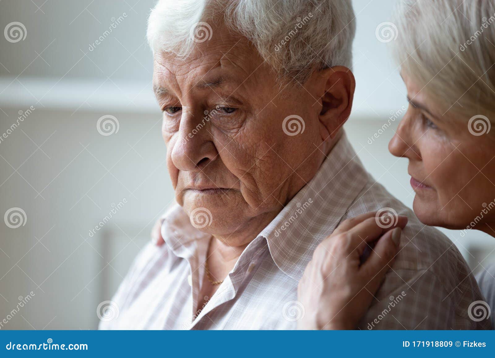 caring old wife support caress sad senior husband