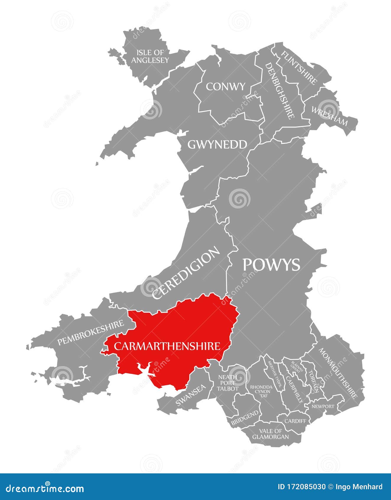 Carmarthenshire Red Highlighted in Map of Wales Stock Illustration
