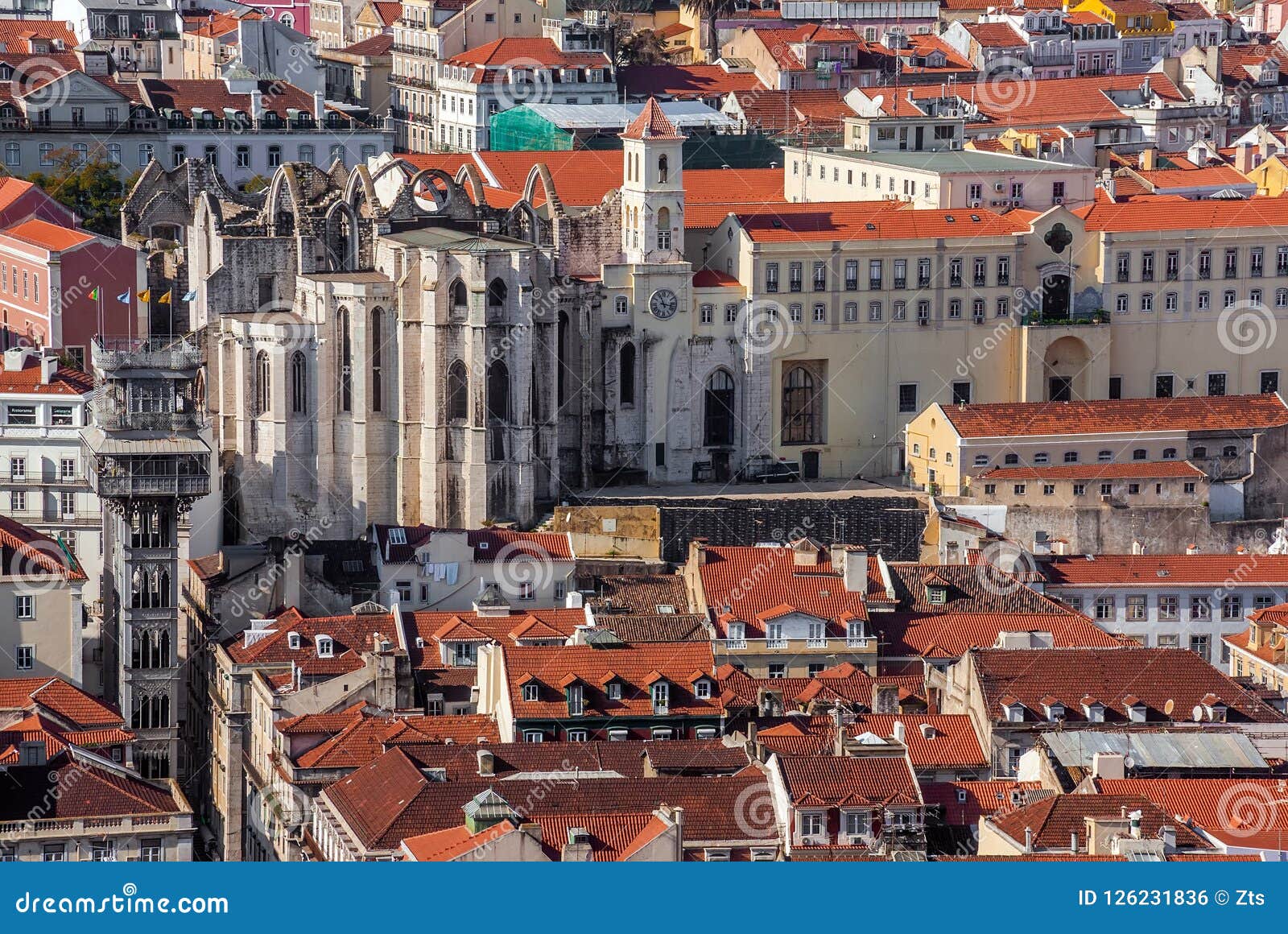 baixa district of lisbon, portugal. carmo convent ruins, santa justa lift or elevator