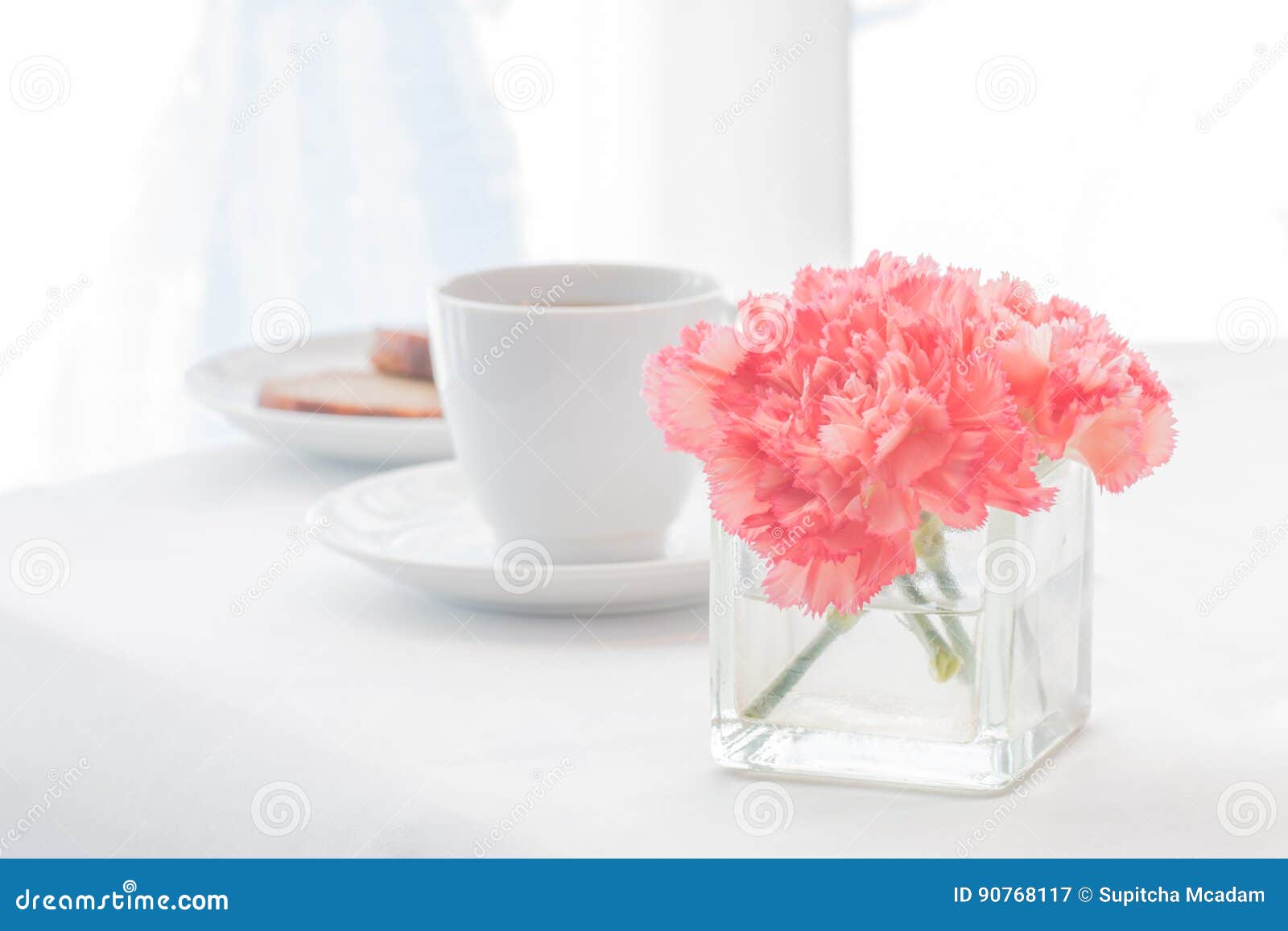 Carnations Flowers and Breakfast in the Morning. Stock Image Image of