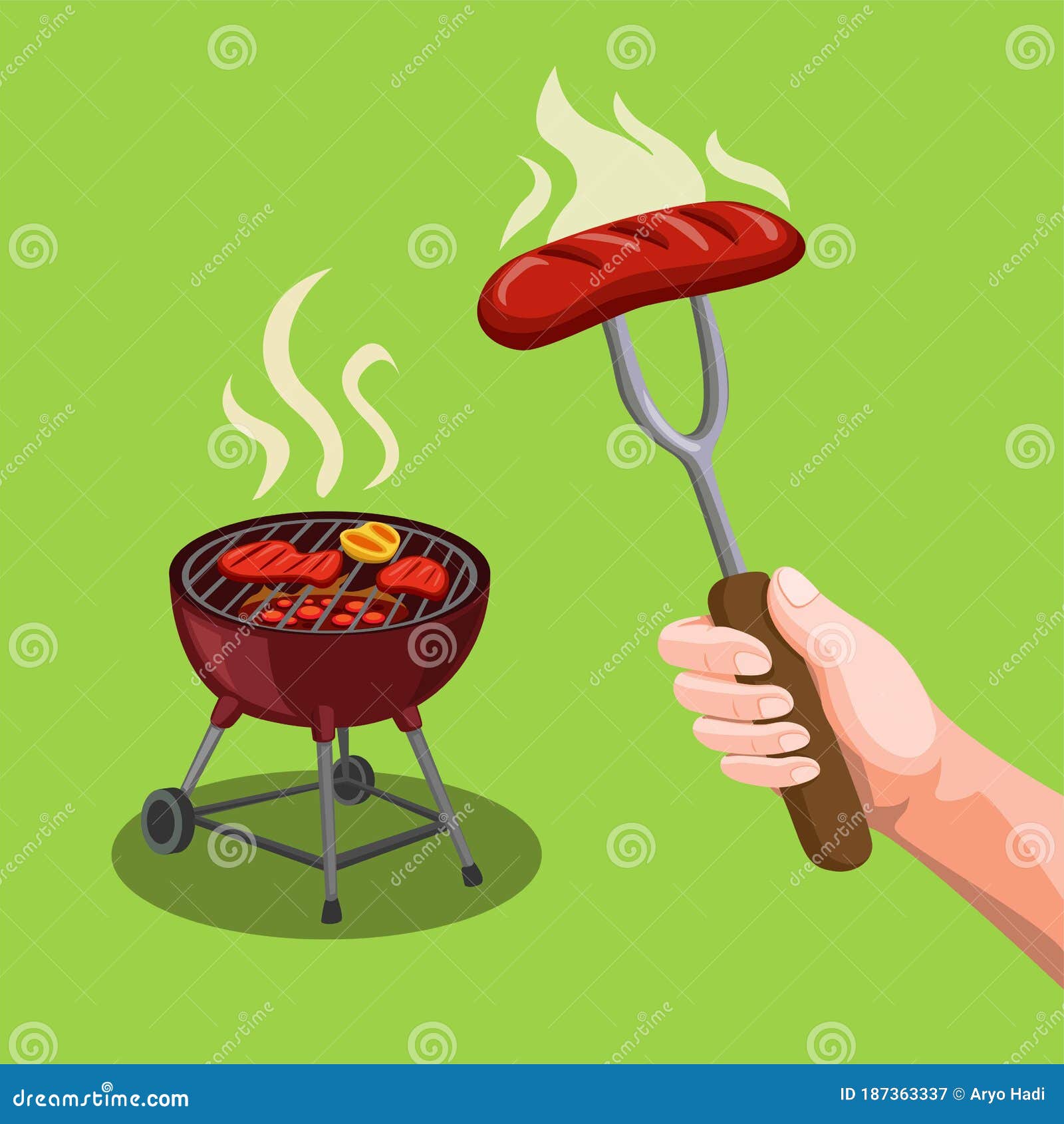 Carne De Filete De Fiesta Bbq En Parrilla Y Tenedor De Mano Con El Concepto De Símbolo De Salchicha En Ilustración De Dibujos Anim Ilustración del Vector - Ilustración de cocinero, caliente: Carne De Filete De Fiesta Bbq En Parrilla Y Tenedor De Mano Con El Concepto De Símbolo De Salchicha En Ilustración De Dibujos Anim Ilustración del Vector - Ilustración de cocinero, caliente: