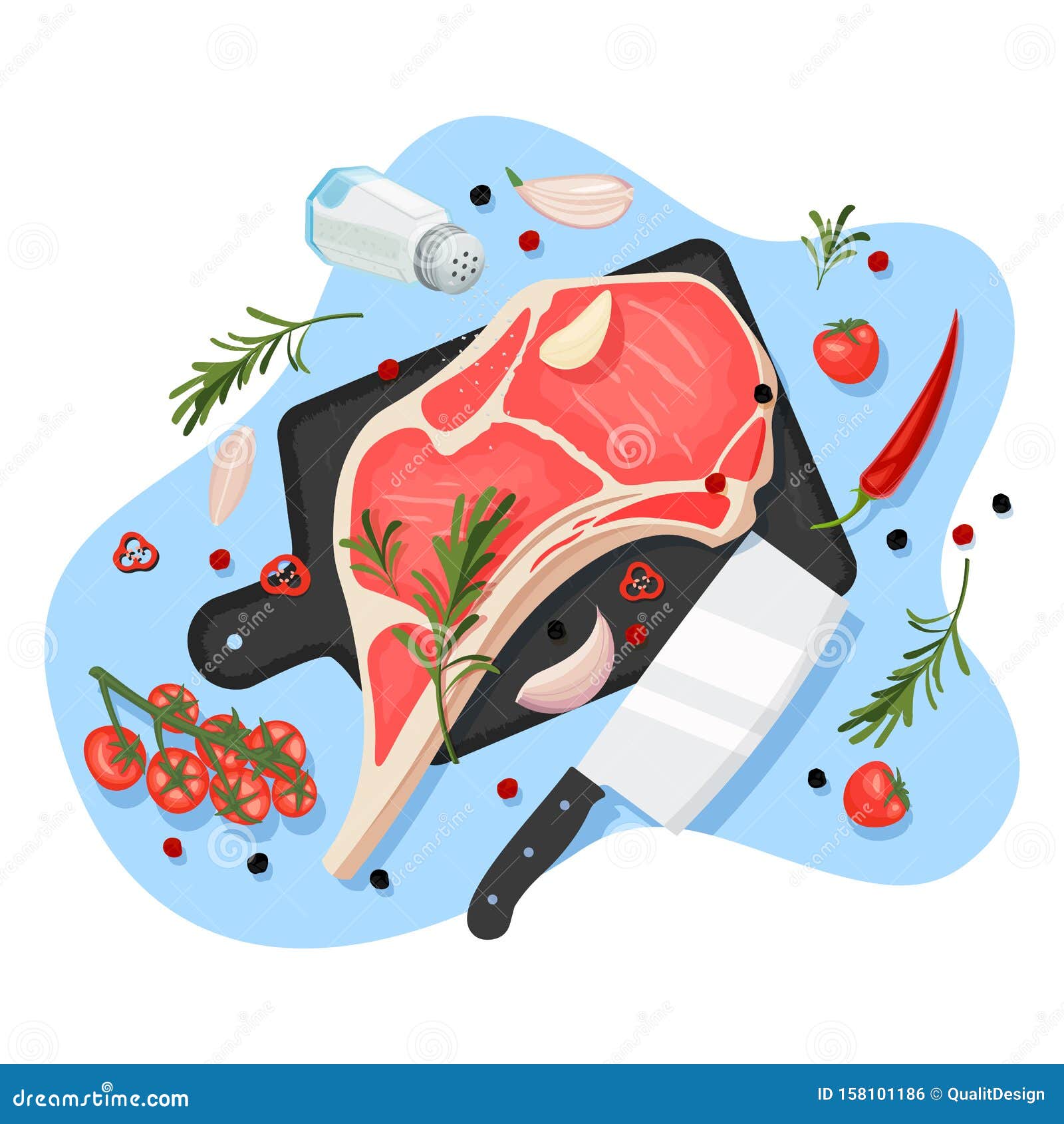 Carne De Carne De Res Cocinada, IlustraciÃ³n De Dibujos Animados. Tablero De  Grafito Negro Con Filete De Cerdo Crudo Sobre Fondo B Ilustración del  Vector - Ilustración de ingrediente, tarjeta: 158101186