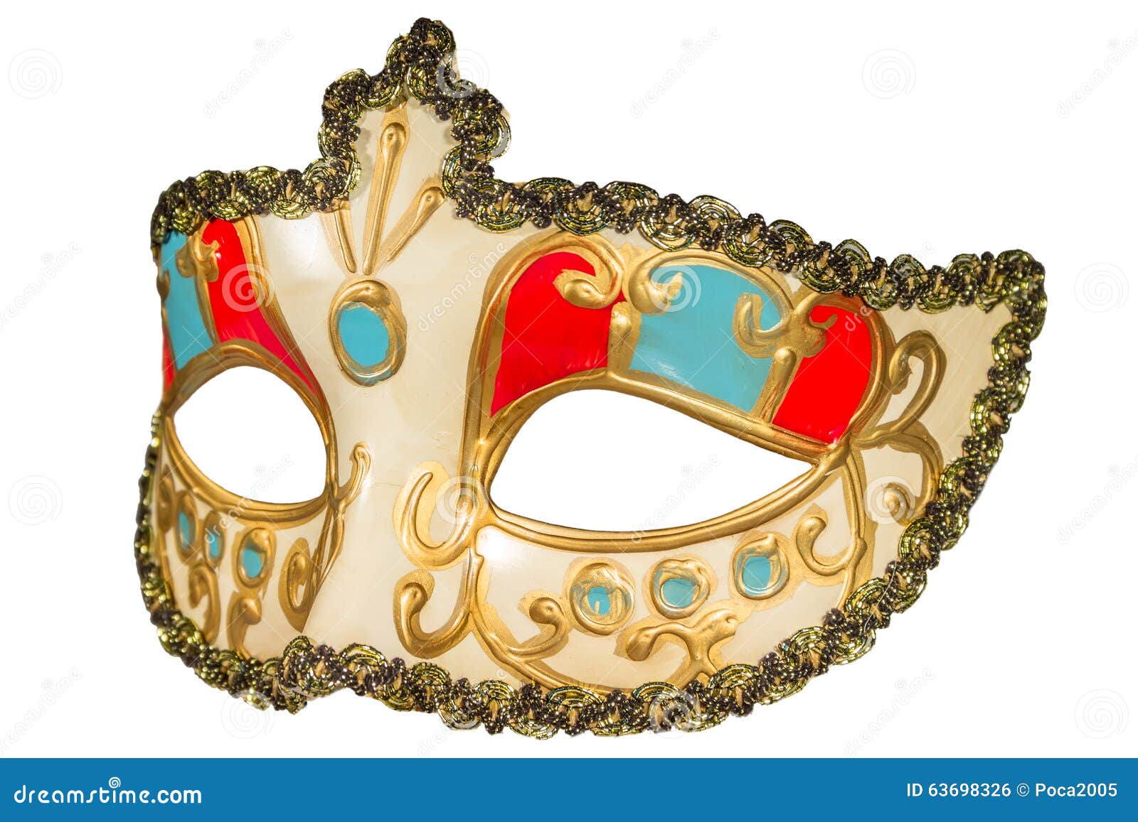 carnival mask gold-painted curlicues decoration blue and red ins