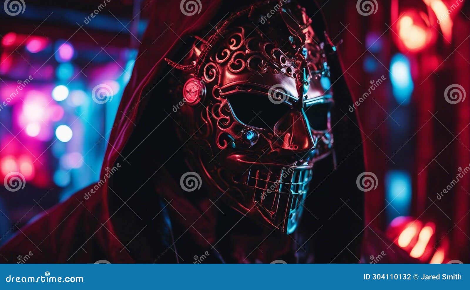 metal carnival mask at night a horror story where a killer has a mask that can terrify and manipulate his victims.