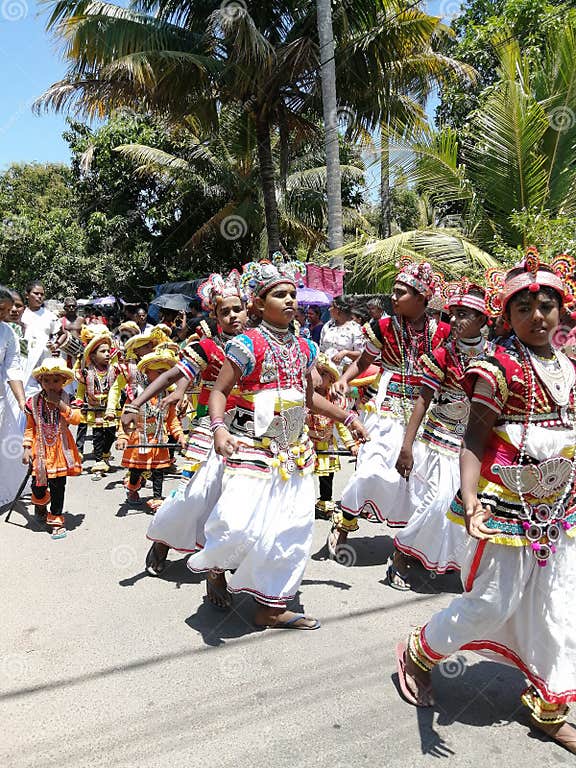 Carnival in Poya Day on the Streets of Mirissa. Dressed People