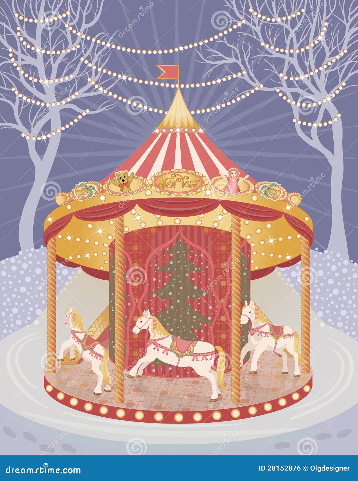 Carousel with Christmas Horses Stock Vector Illustration of carousel
