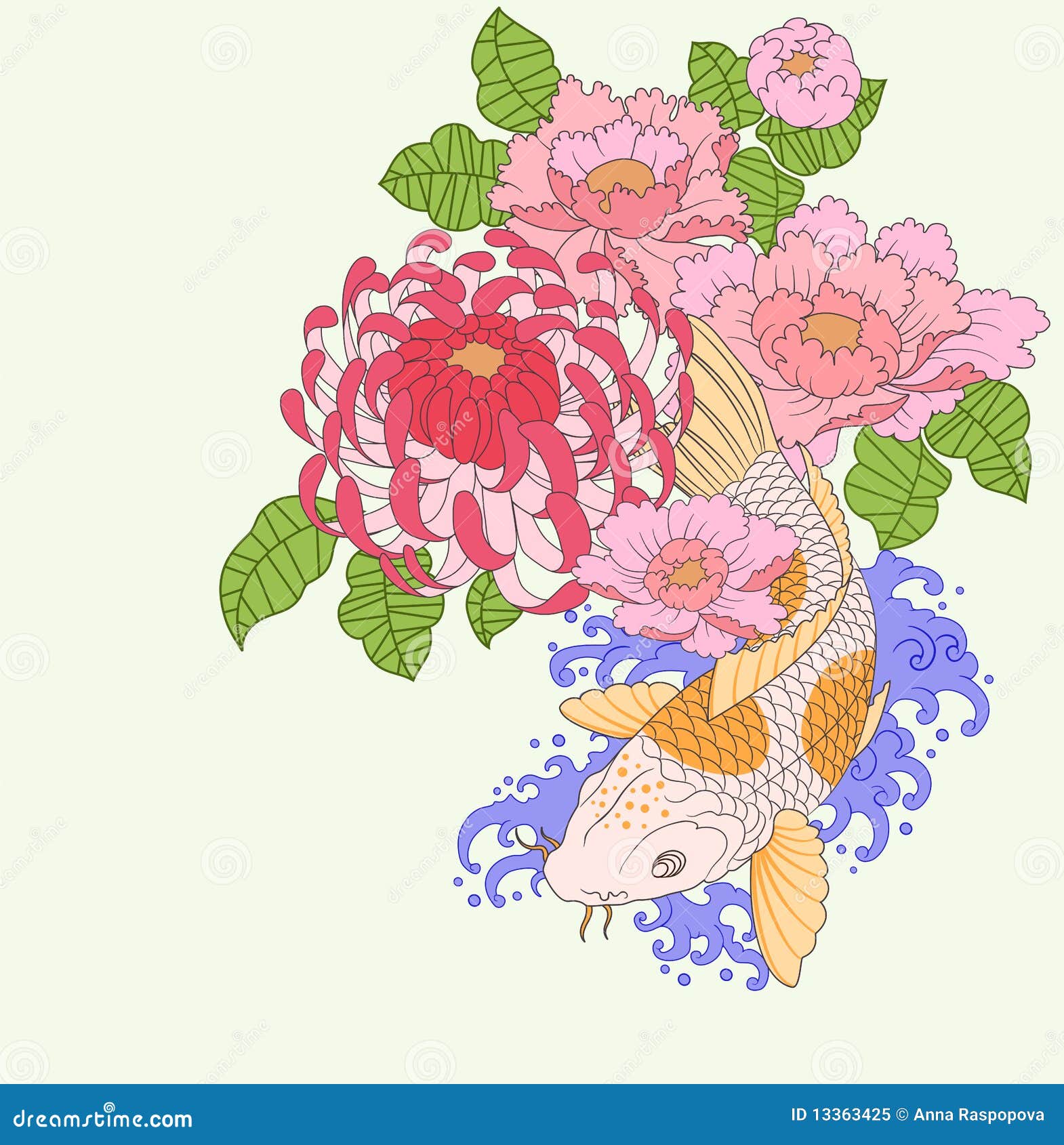 Carpa e flores de Koi. Vector a ilustração de uma carpa e de flores do koi