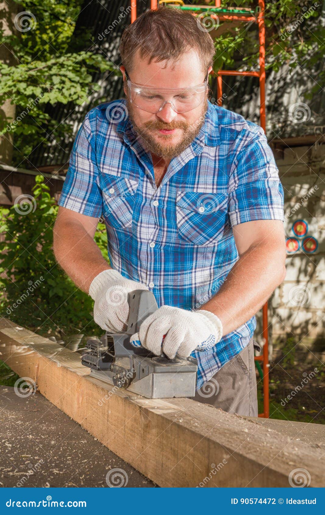 Carpenter Chipping the Wooden Plank Stock Photo Image of chip