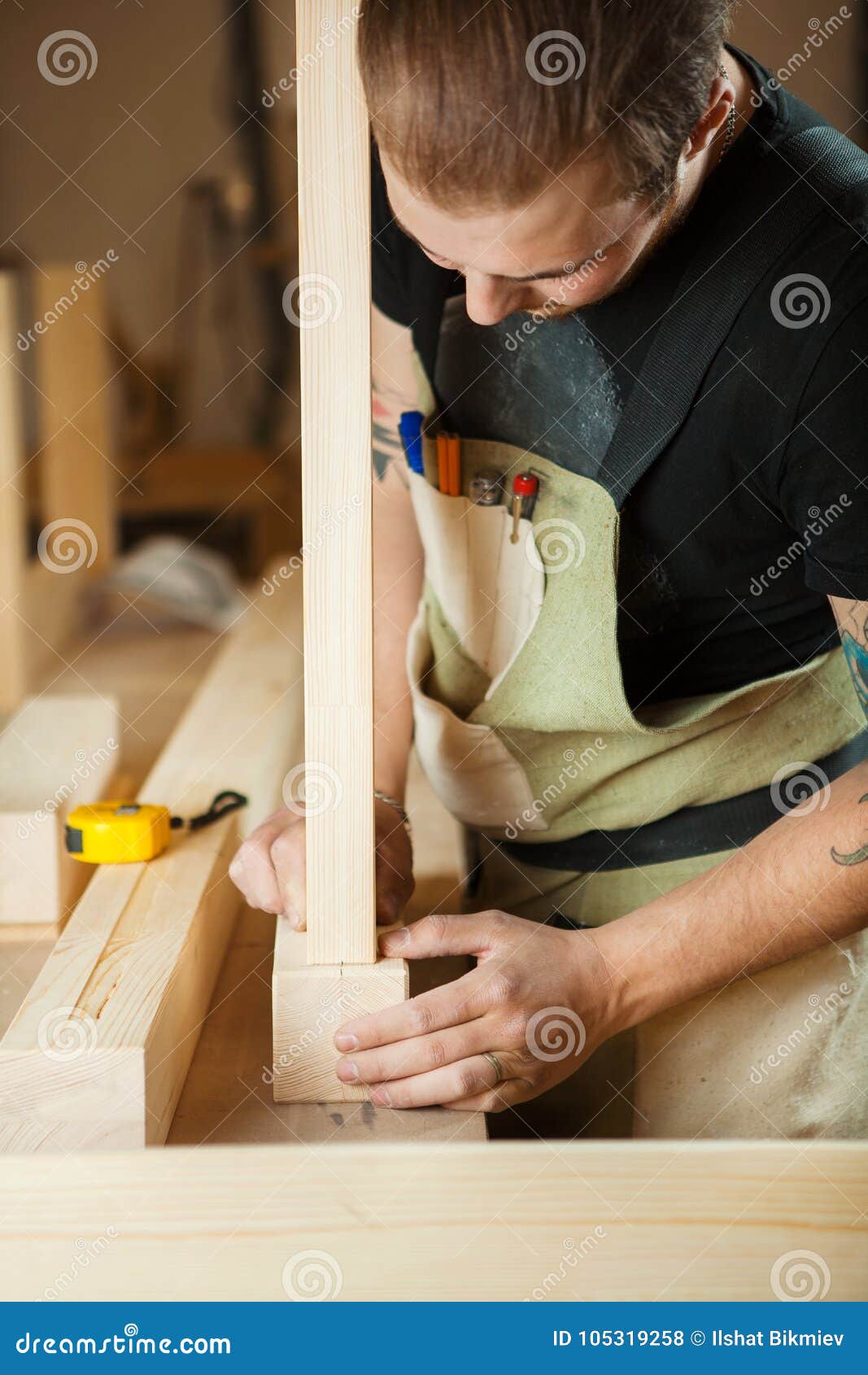 Carpenter Does Measurements According To Project. Woodworker Stock Photo Image of