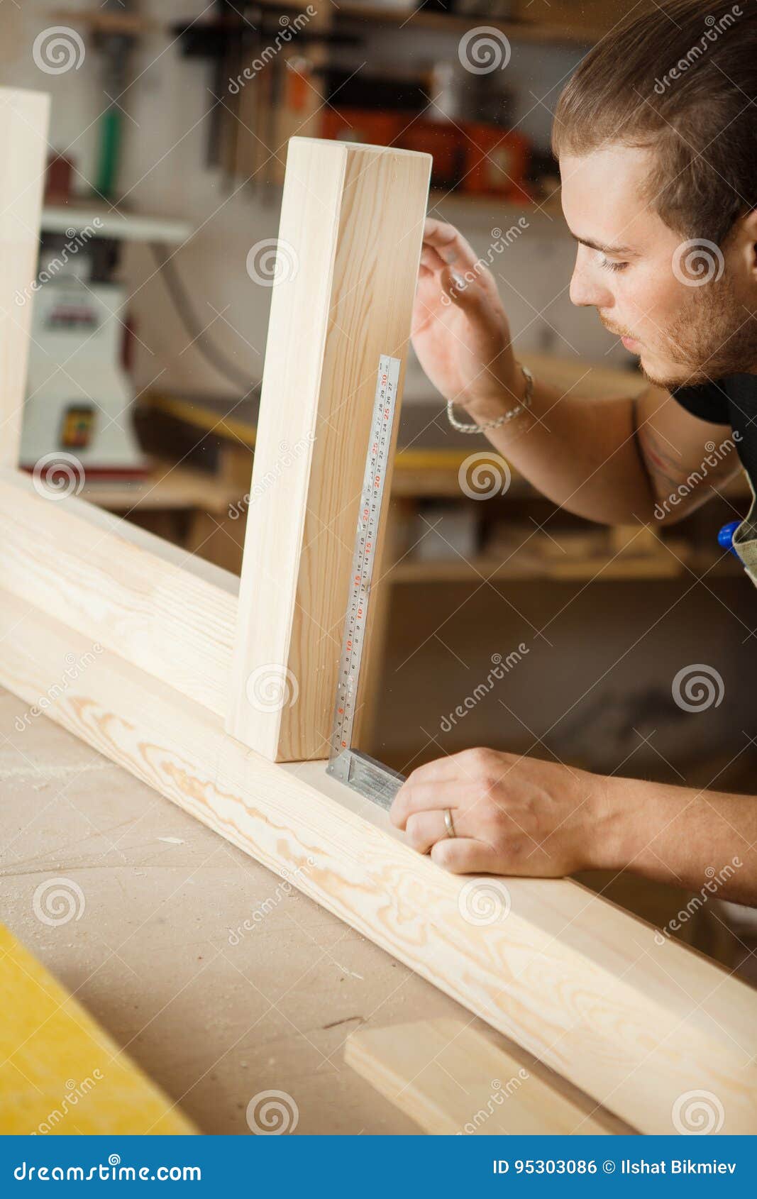 Carpenter Does Measurements According To Project. Woodworker Stock Photo Image of