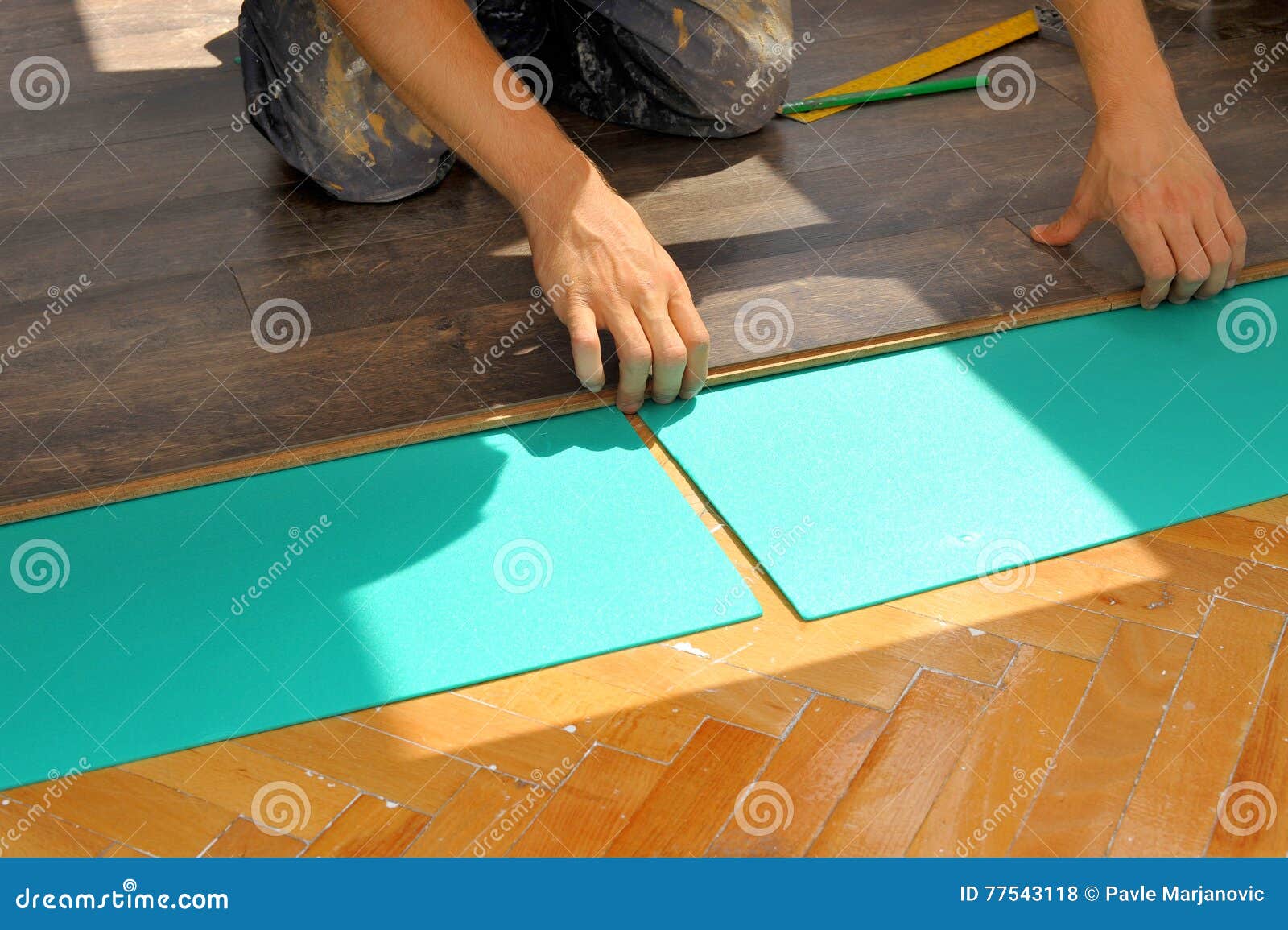 Carpenter Doing Laminate Floor Work Stock Photo Image of flooring