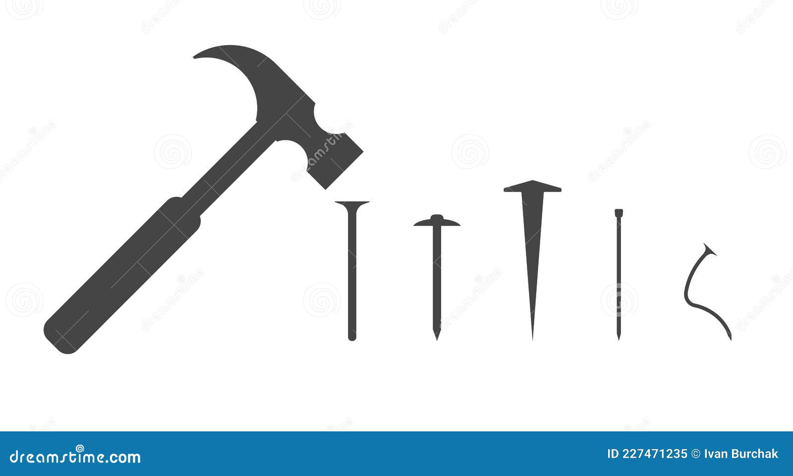 Carpenter Hammer and Several Different Types of Nails. Vector