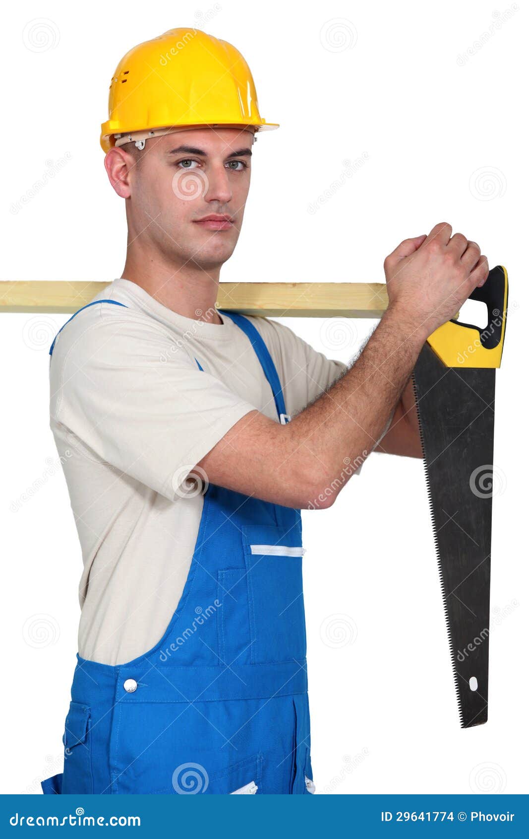 Carpenter with a handsaw. stock photo. Image of handyman 29641774