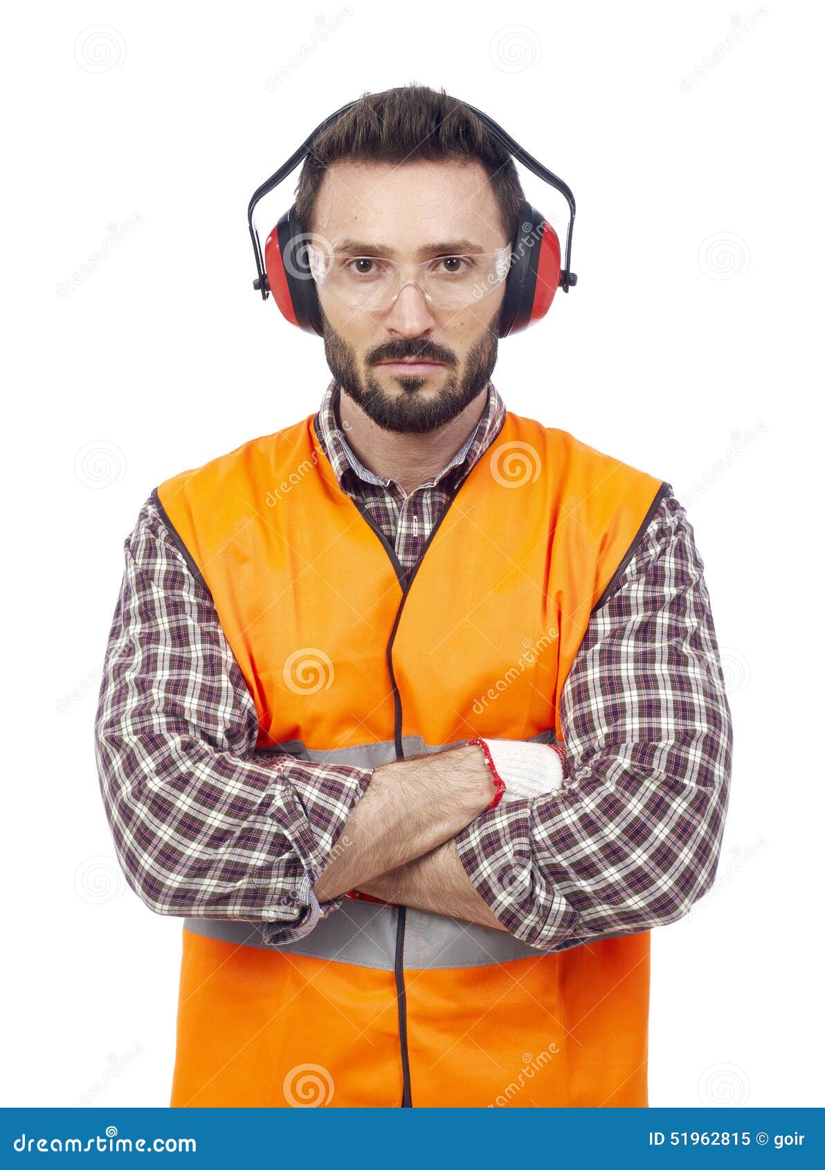 Carpenter with Protective Headphones Stock Image Image of building
