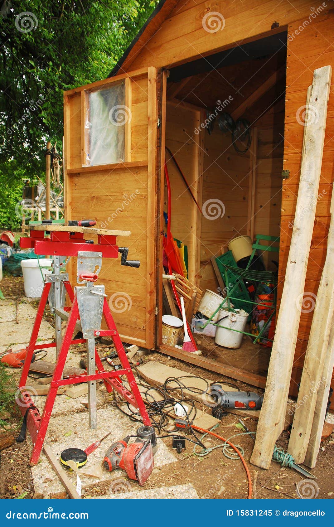 carpenter s work bench and messy garden shed stock image