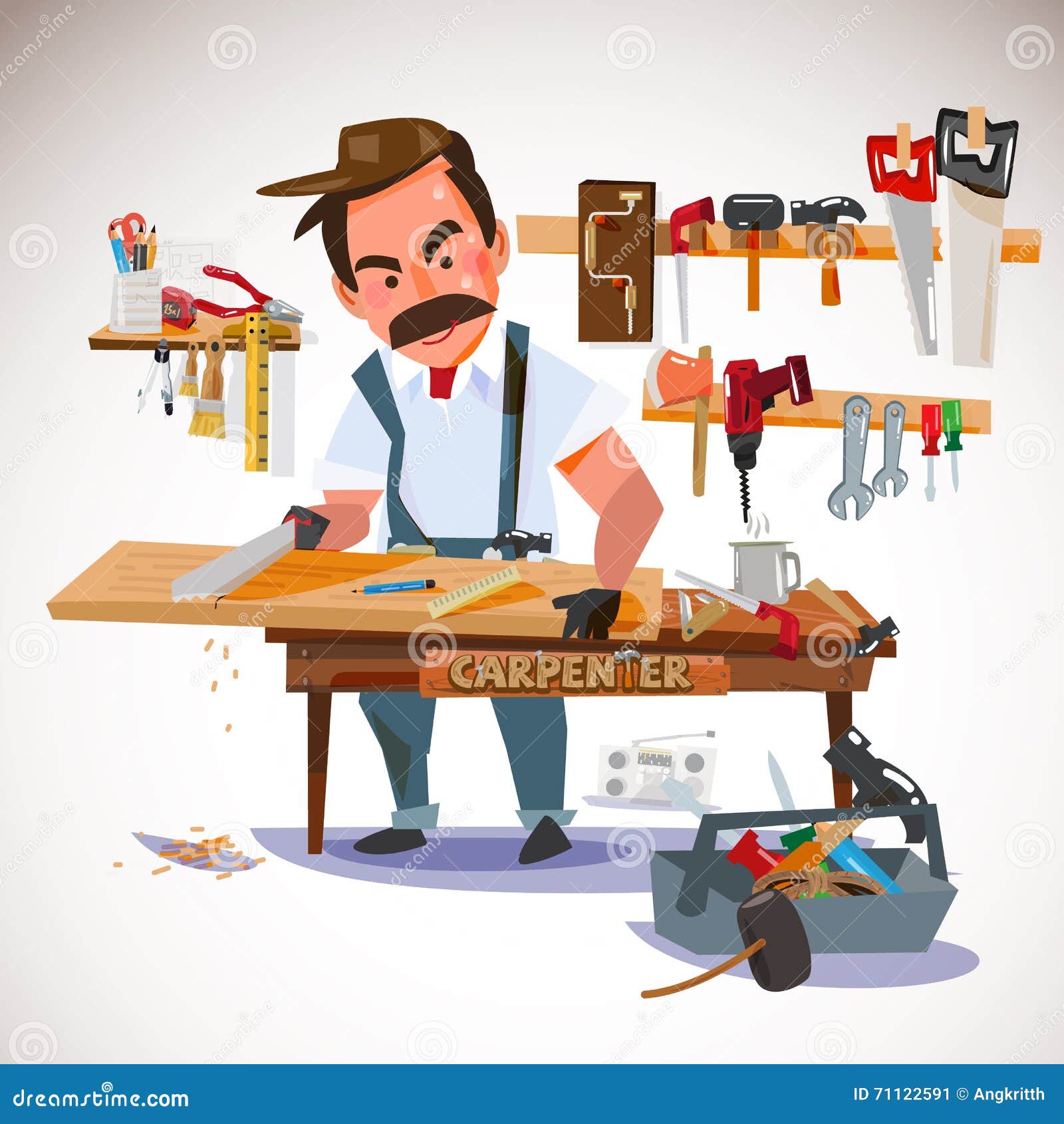 Carpenter Sawing Wood Board at the Workshop. Set of Tools. Character