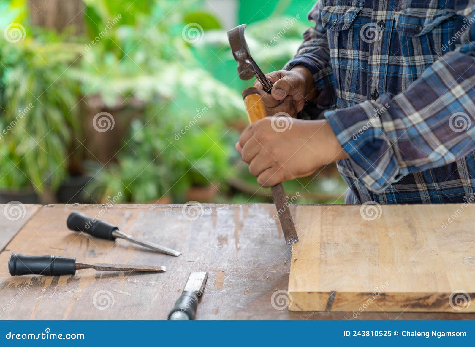 The Carpenter Using Chisel To Smooth Wood Edge Stock Image Image of