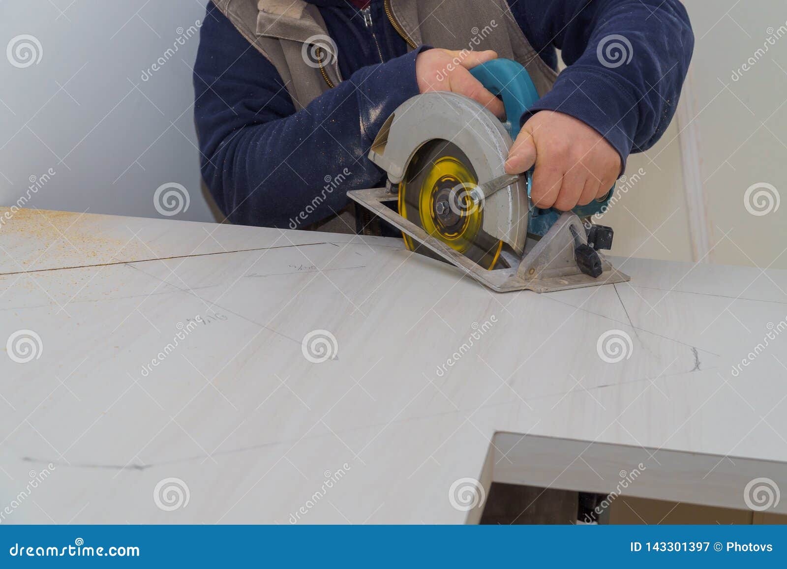 Carpenter Using a Saw To Cut Laminate Counter Top Stock Image Image